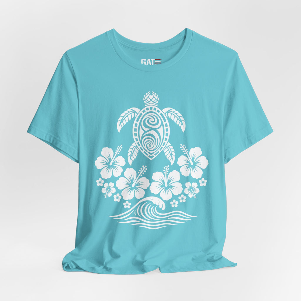 Turtle Hibiscus Surf T‑Shirt — Hawaiian Floral Tribal Sea Turtle Tee