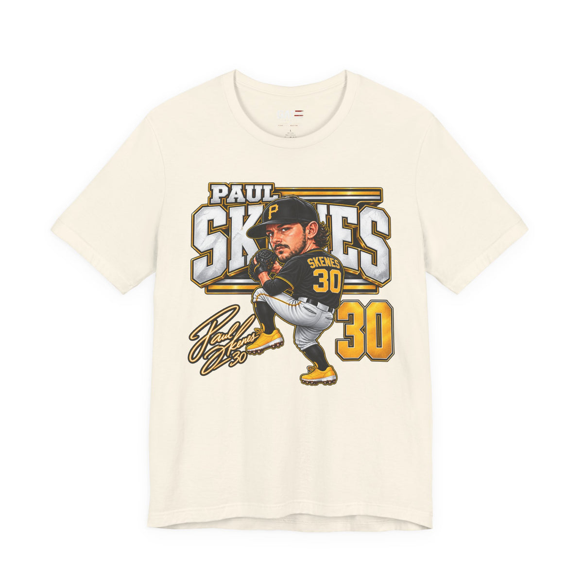Paul Skenes number 30 Pirates baseball graphic T-shirt, cream front view