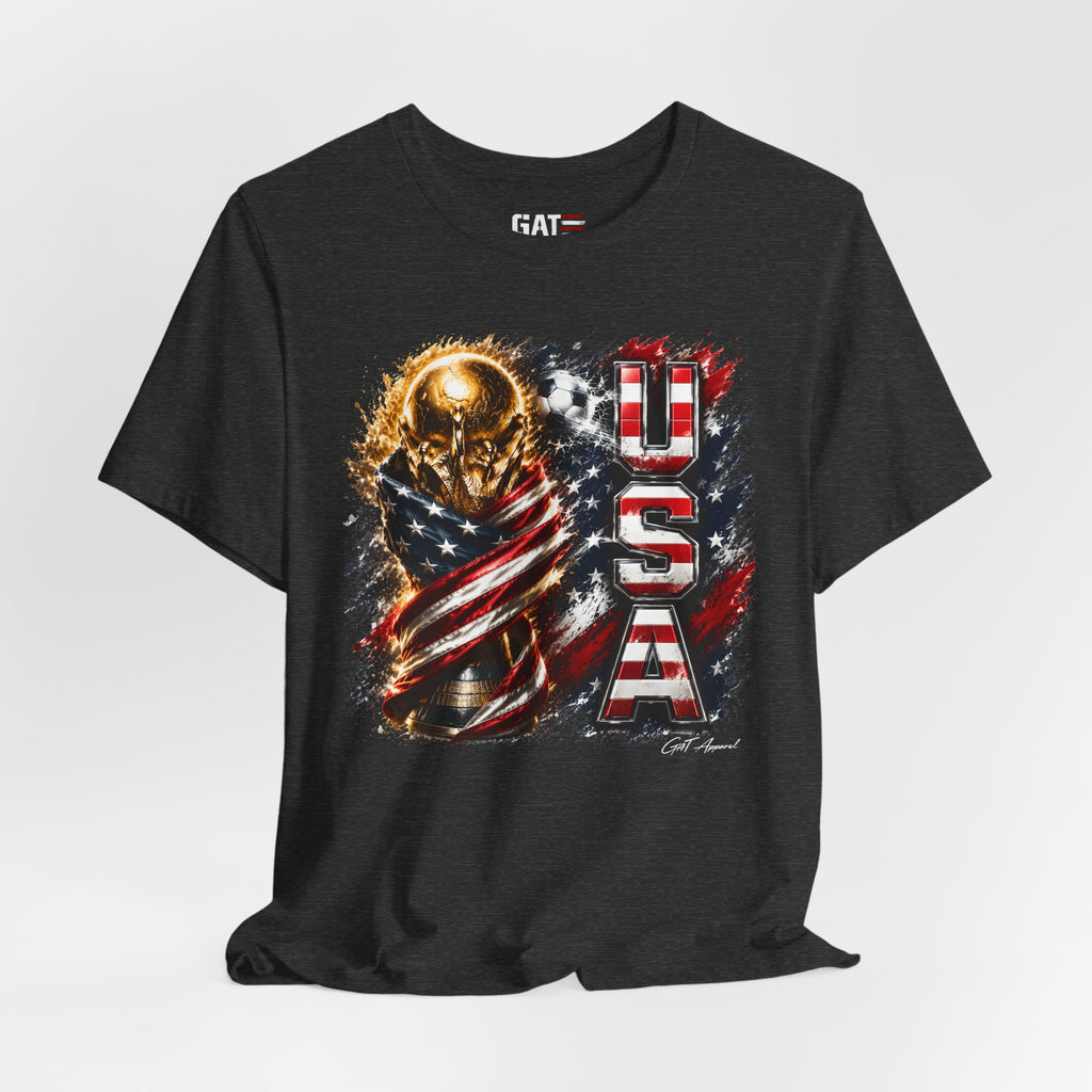Team USA World Cup Patriotic World Cup Trophy Tee with American Flag & Bold USA Design