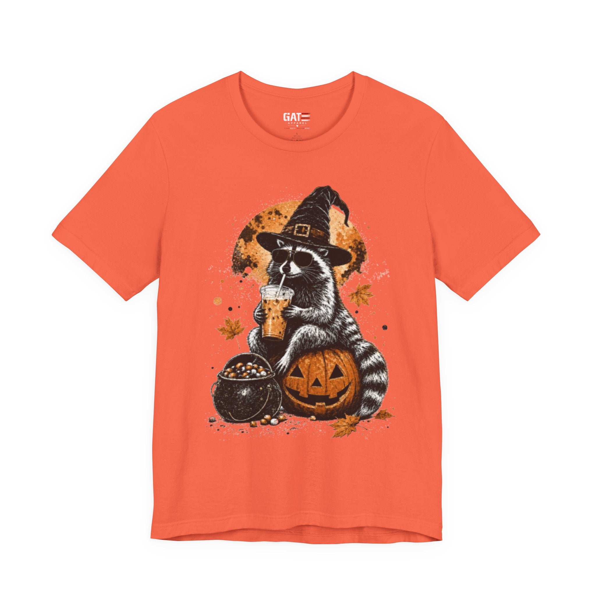 Halloween Raccoon Witch T-Shirt — Pumpkin & Cauldron Spooky Tee