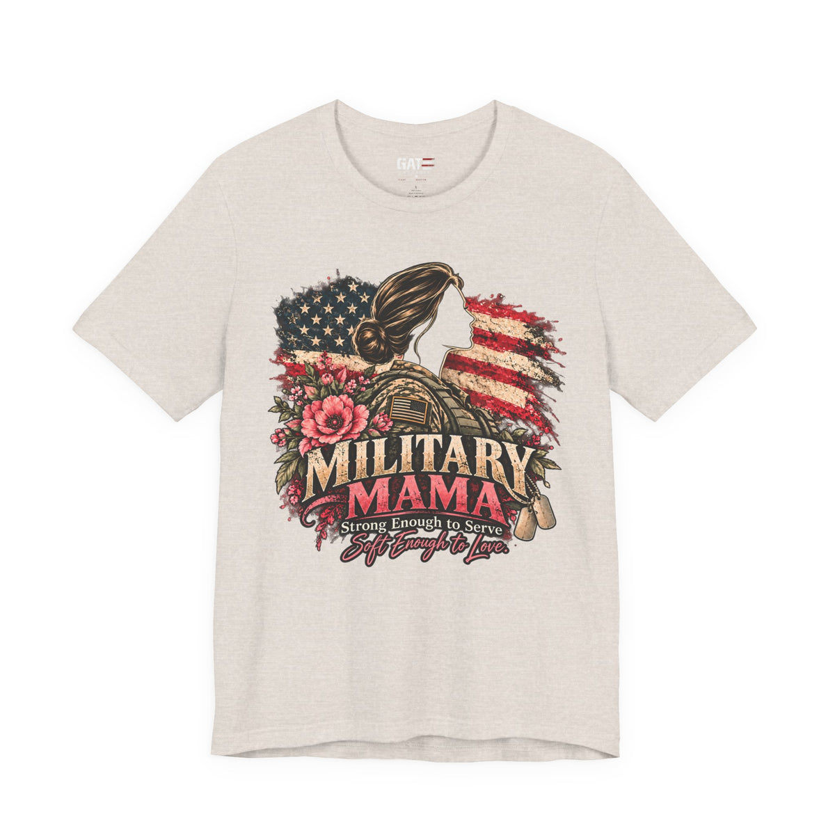 Military Mama Tee — Patriotic Mom Shirt with American Flag & Floral Combat Design