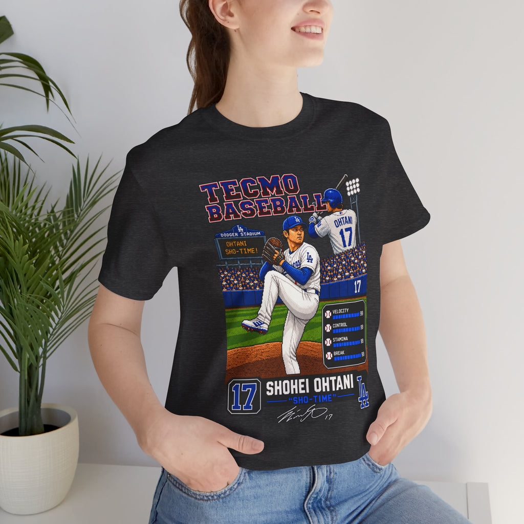 Shohei Ohtani Los Angeles Dodgers Retro Baseball Card Graphic Tee — 'Tecmo Baseball' Design