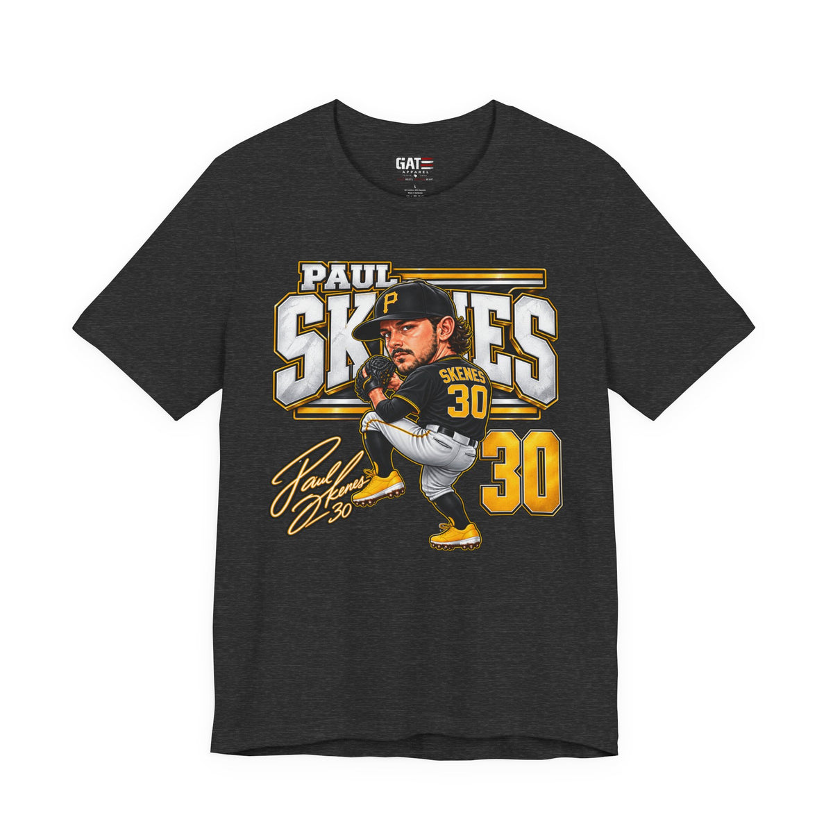 Paul Skenes number 30 Pirates baseball graphic T-shirt, dark heather grey front view