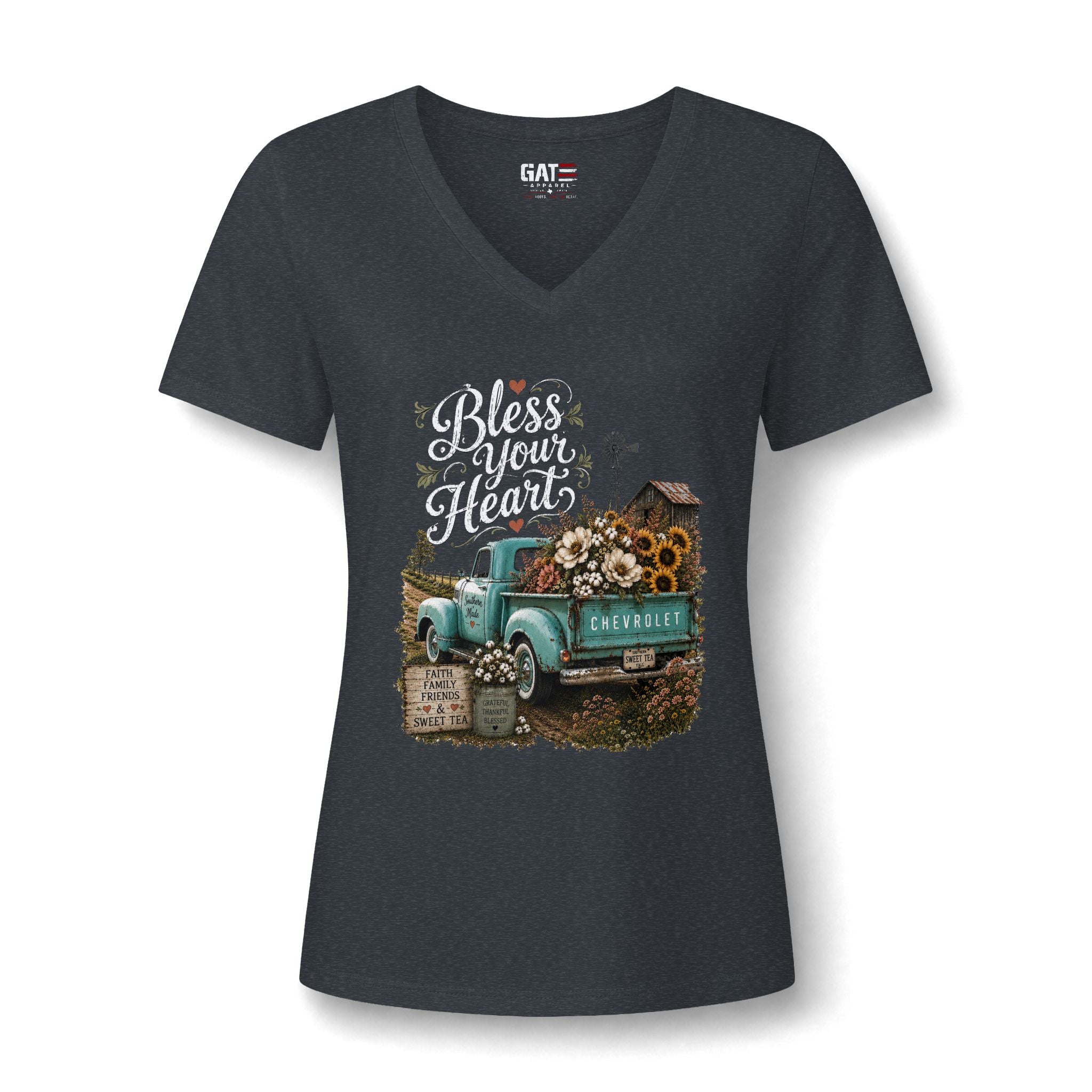 Vintage Blue Truck Sunflower V-Neck Tee — Farmhouse Floral Women's Shirt