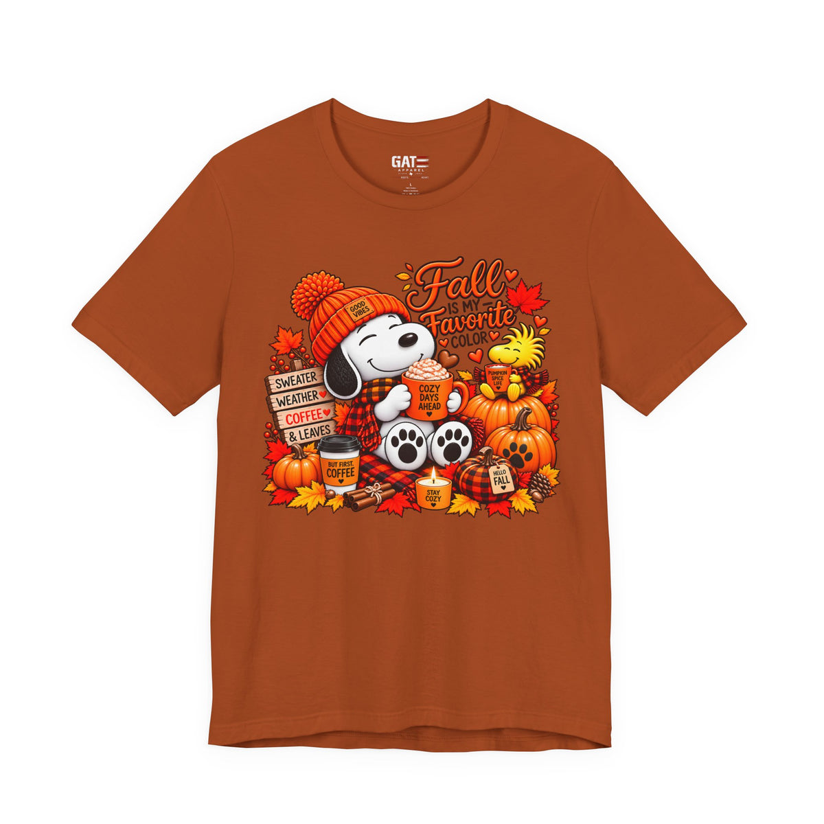 Snoopy Fall Is in the Air pumpkin graphic T-shirt, burnt orange front view