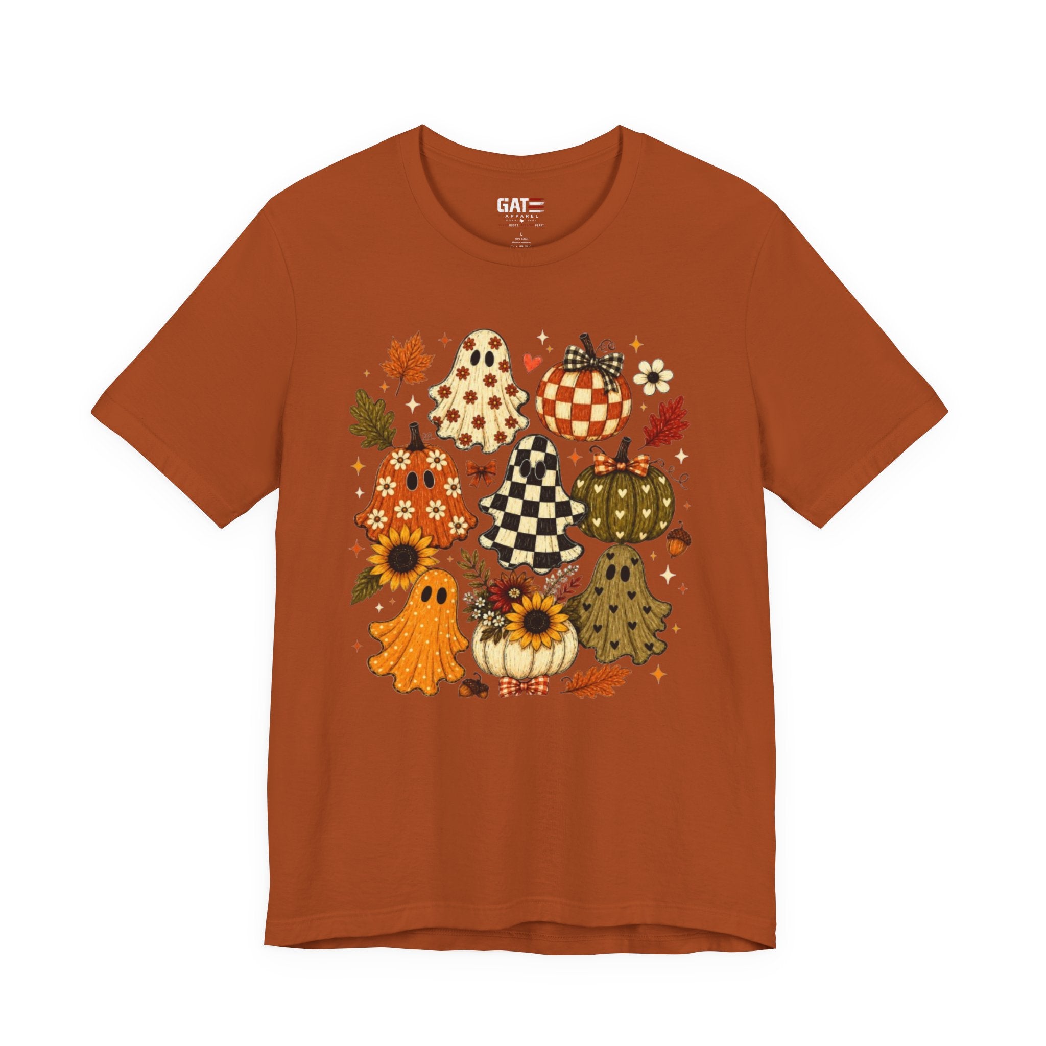 Halloween Pumpkin Ghosts Tee — Autumn Sunflower Fall Graphic T-Shirt