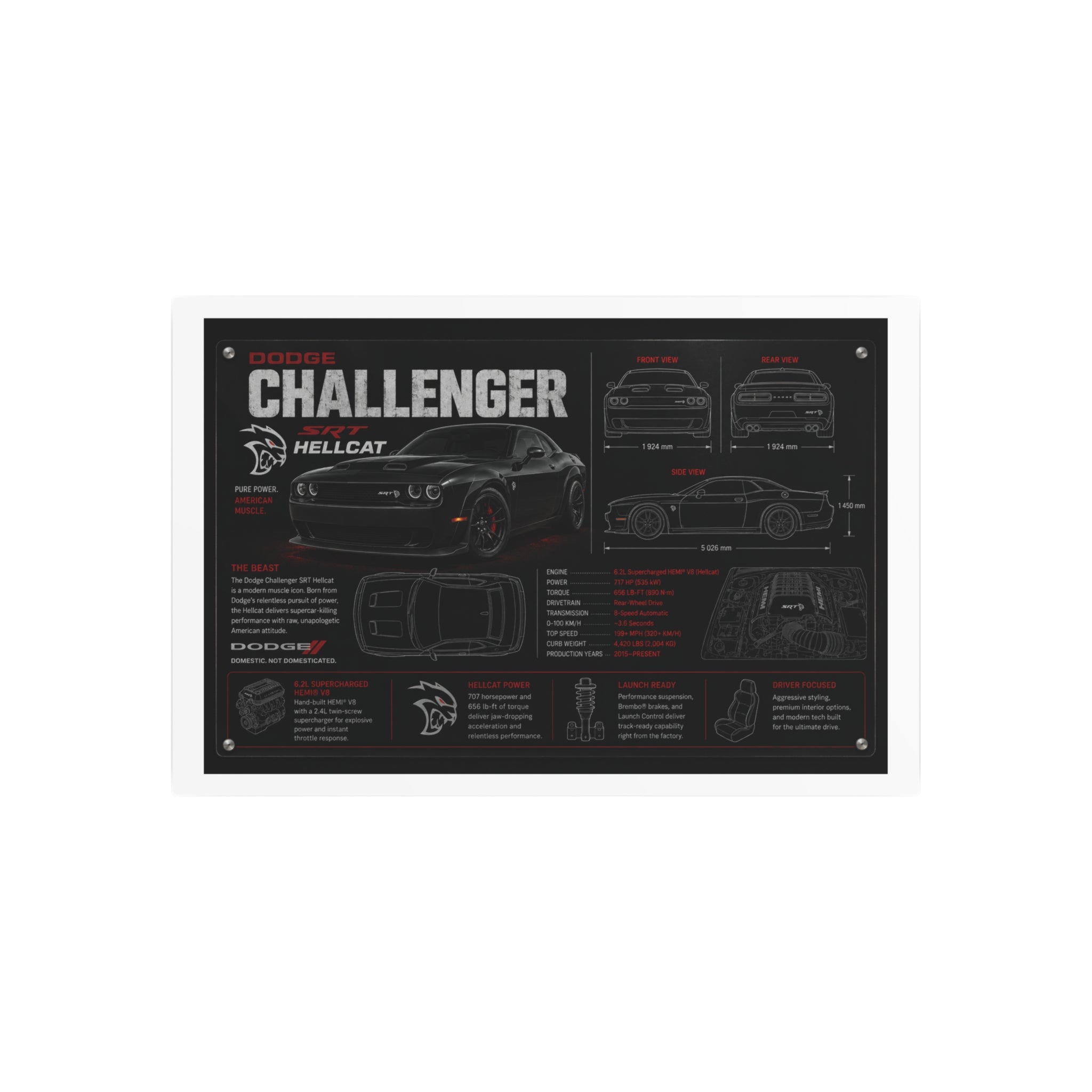 Dodge Challenger Hellcat Blueprint Metal Art Sign – Automotive Garage Poster