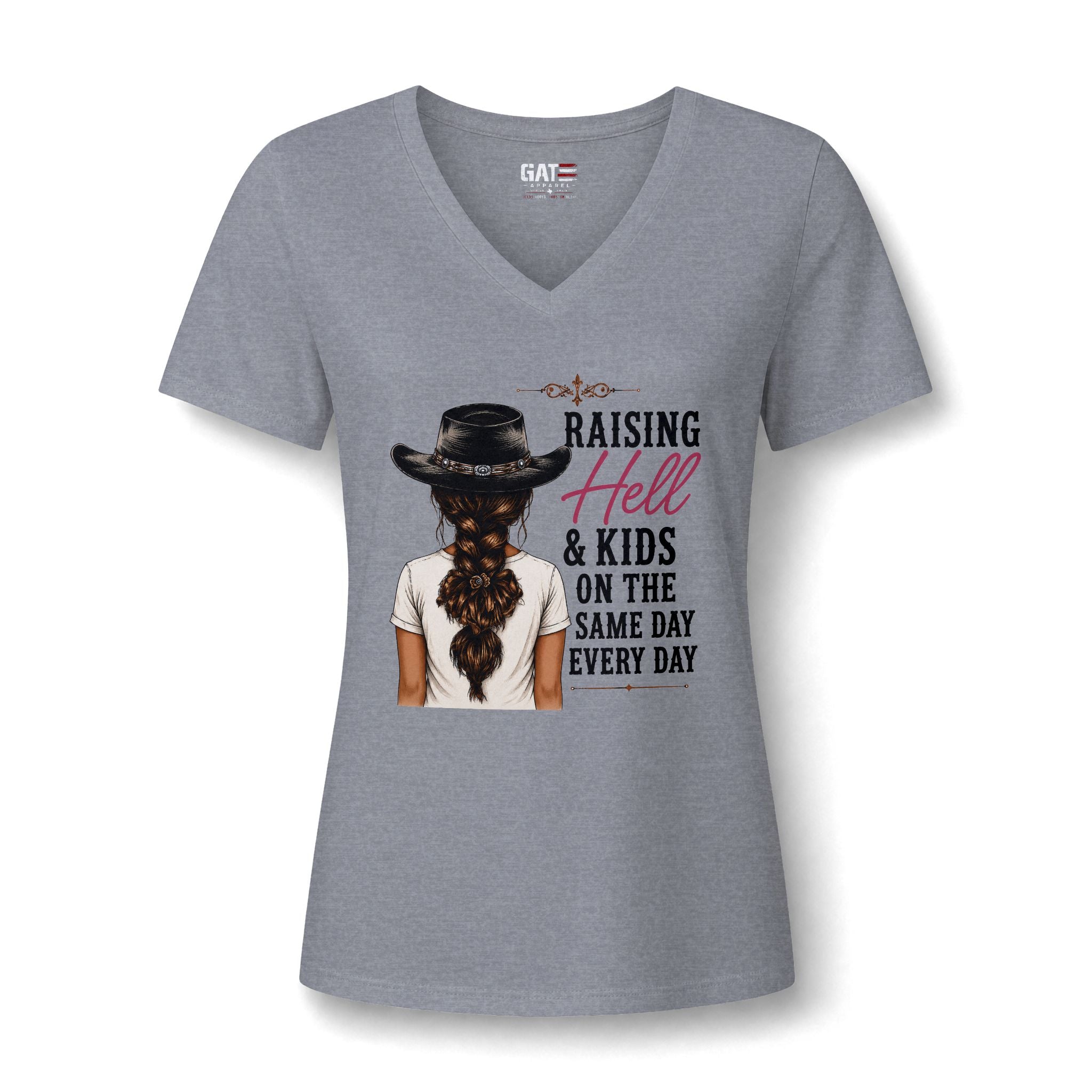 Women’s V-Neck Tee — “Raising Hell & Kids on the Same Day Every Day” Graphic