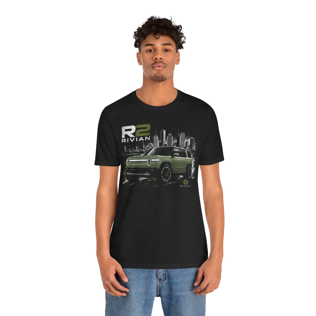 Rivian R2 Electric SUV Graphic Tee — Green R2 Cityscape T‑Shirt