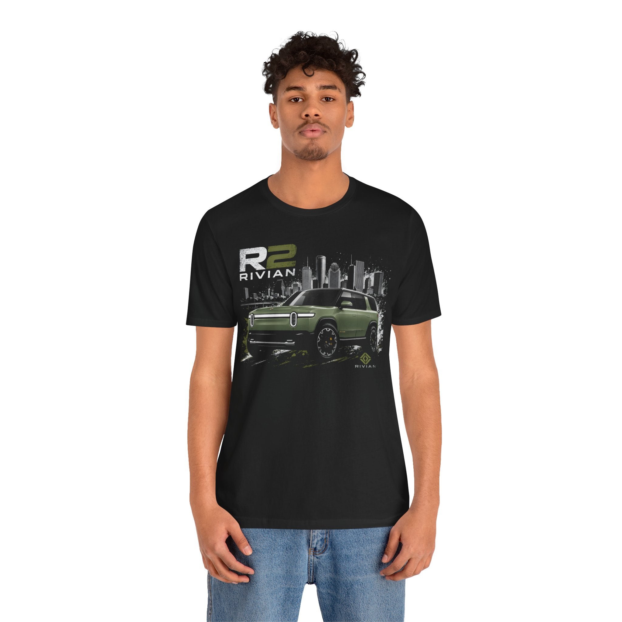 Rivian R2 Electric SUV Graphic Tee — Green R2 Cityscape T‑Shirt