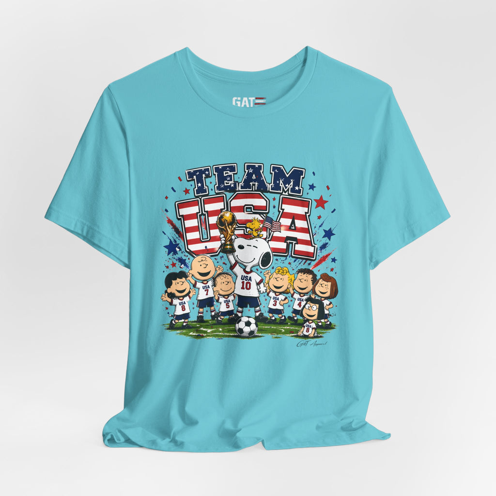 Team USA Soccer Peanuts Gang Shirt Patriotic Snoopy & Friends World Cup Celebration Tee