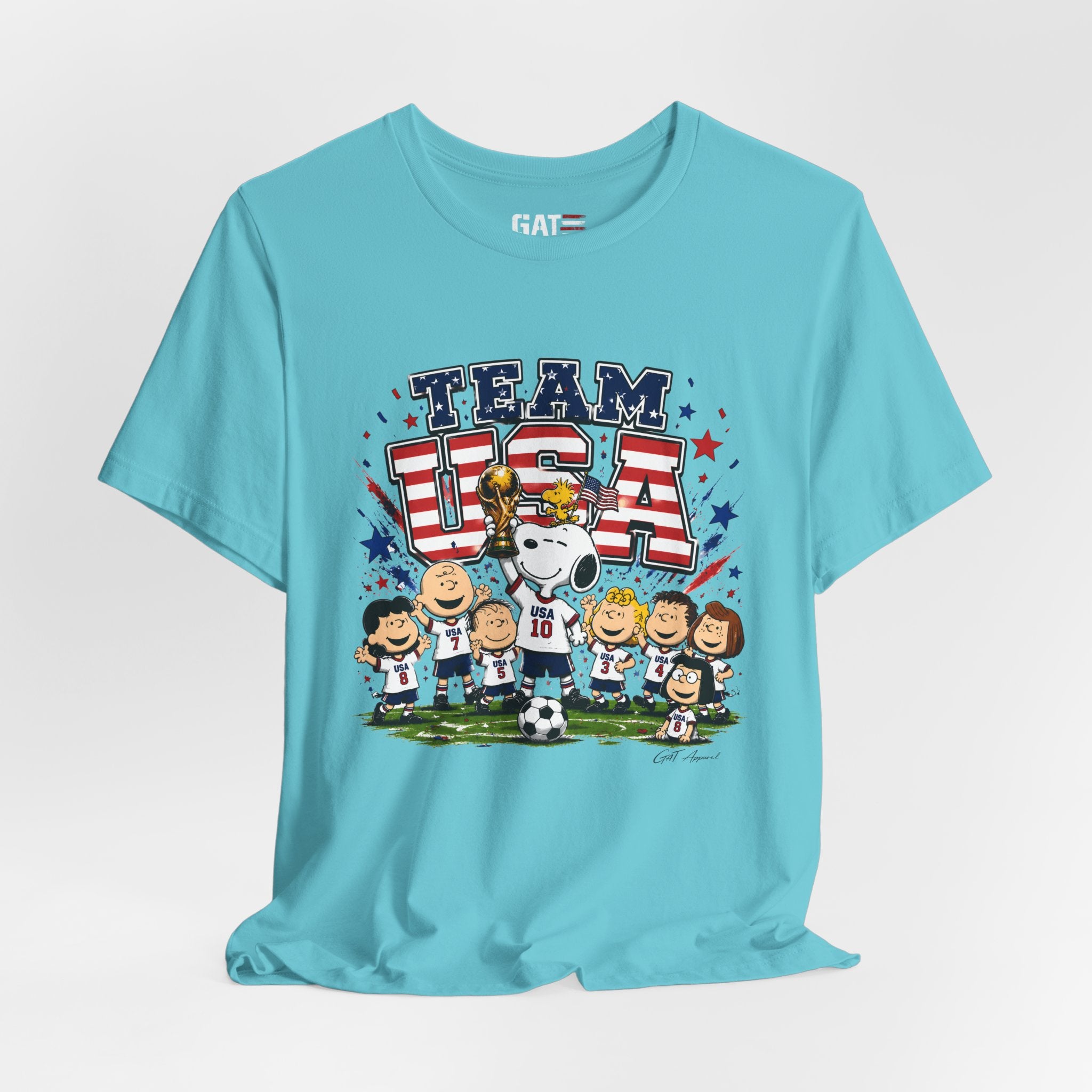 Team USA Soccer Peanuts Gang Shirt Patriotic Snoopy & Friends World Cup Celebration Tee