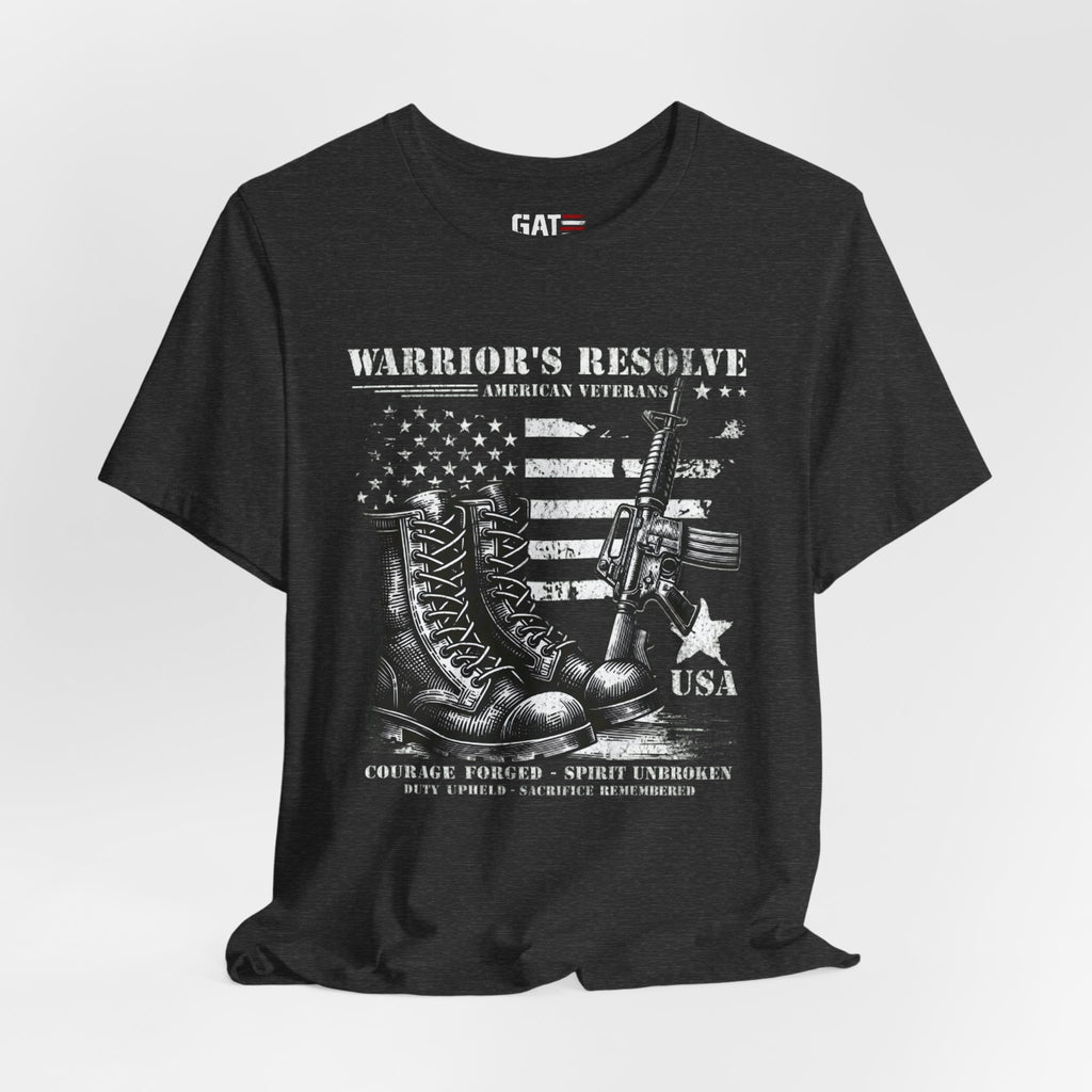 Warrior's Resolve Boots & Flag graphic Tee | Veteran USA Military Shirt