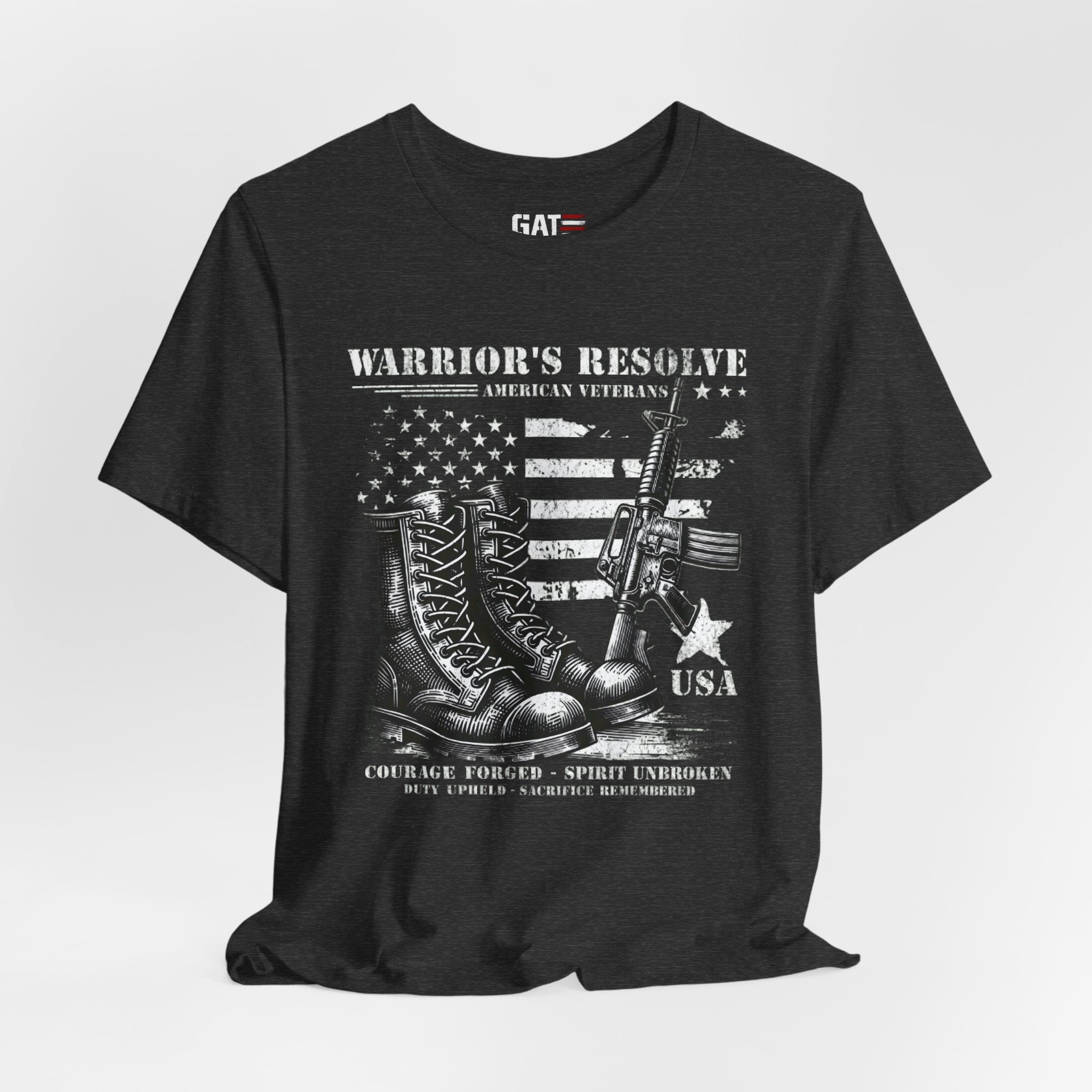 Warrior's Resolve Boots & Flag graphic Tee | Veteran USA Military Shirt