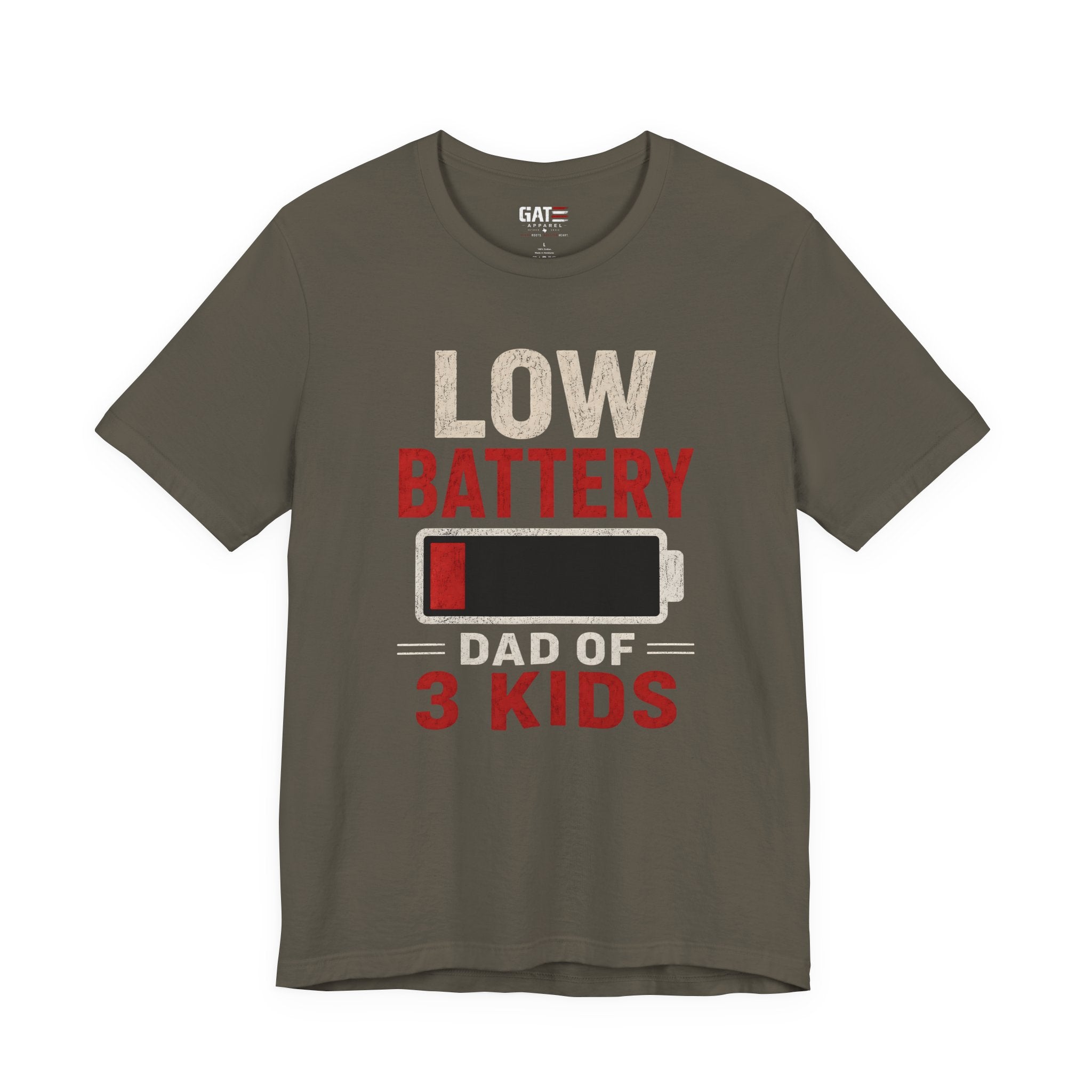 Low Battery Dad of 3 Kids Shirt, Funny Tired Dad Tee, Father of Four Gift, Parenting Humor Shirt, Exhausted Dad Graphic Tee