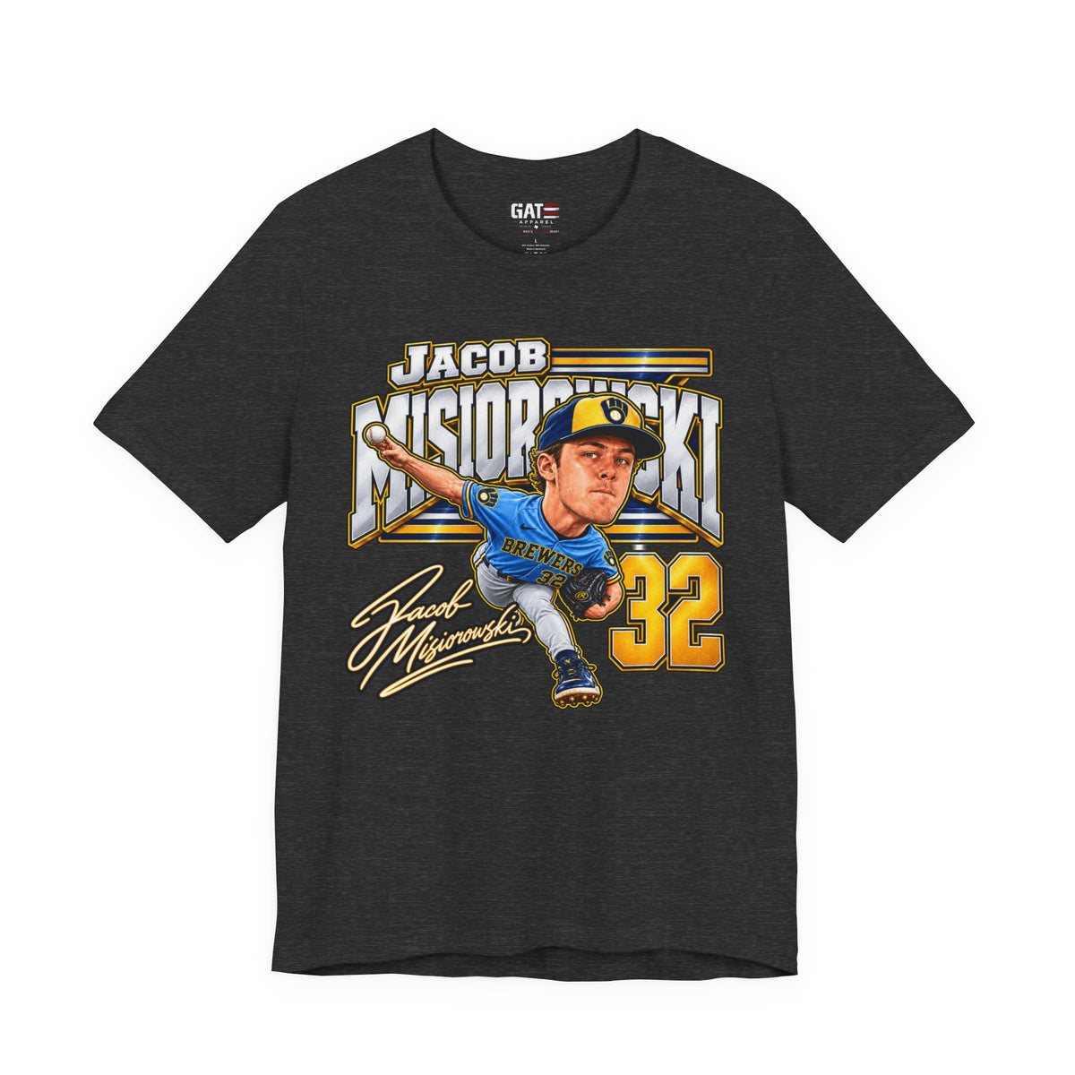 Jacob Misiorowski number 32 Brewers baseball graphic T-shirt, dark heather grey front view