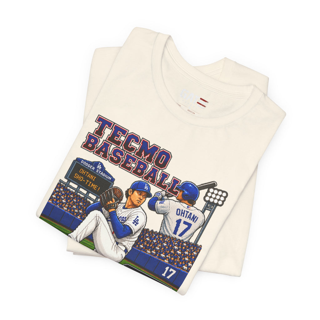 Shohei Ohtani Los Angeles Dodgers Retro Baseball Card Graphic Tee — 'Tecmo Baseball' Design