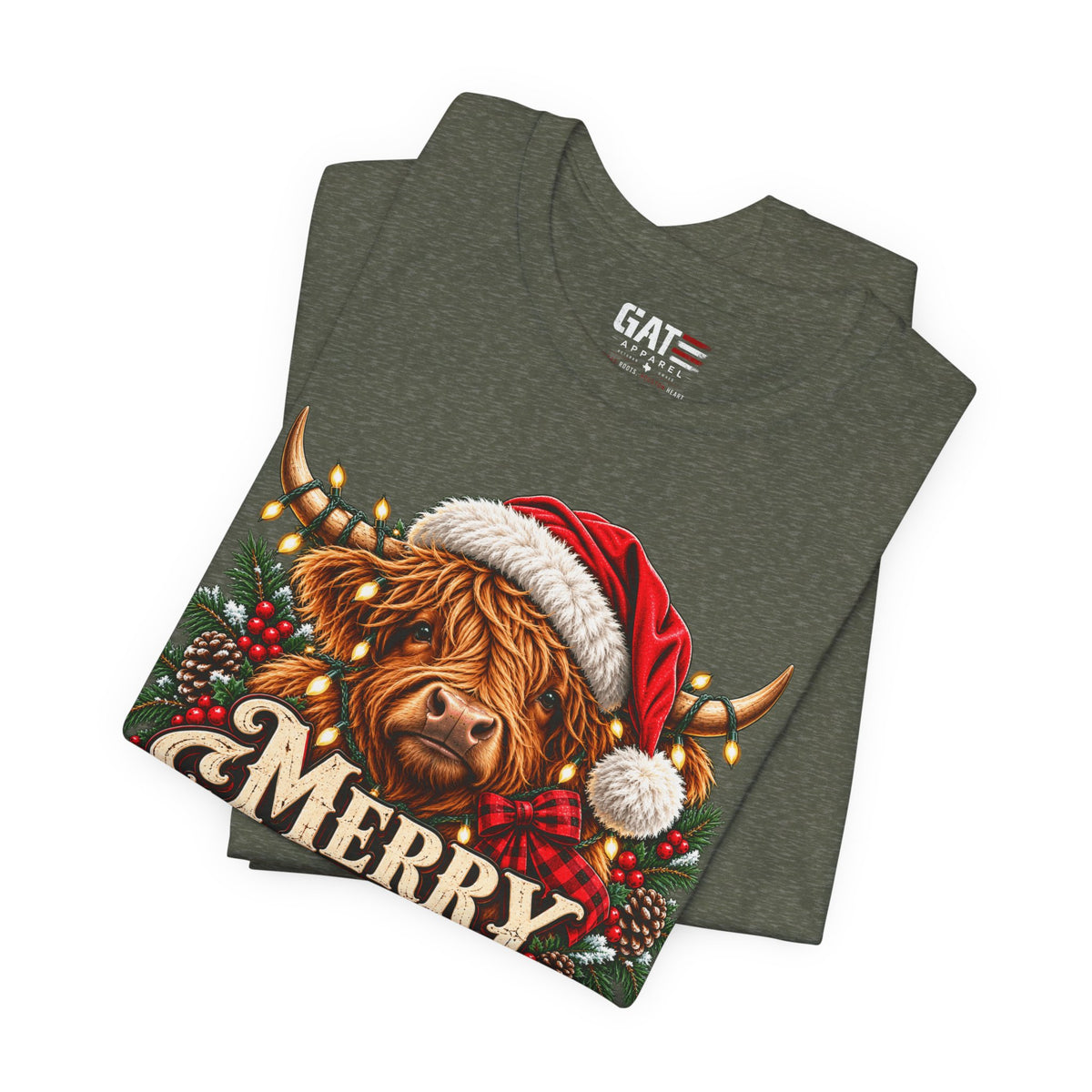 Folded olive green Highland cow Santa hat Merry Christmas graphic T-shirt, print close-up