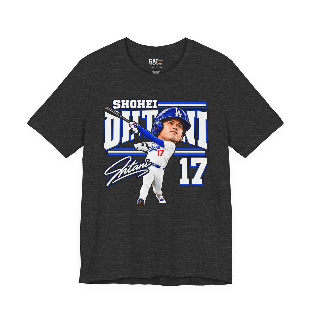 Shohei Ohtani number 17 Dodgers baseball graphic T-shirt, dark heather grey front view