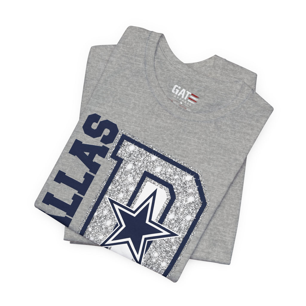 Dallas Football Glitter D Shirt, Blue and Silver Game Day Tee, Western Script Graphic Shirt, Sparkle Fan Apparel