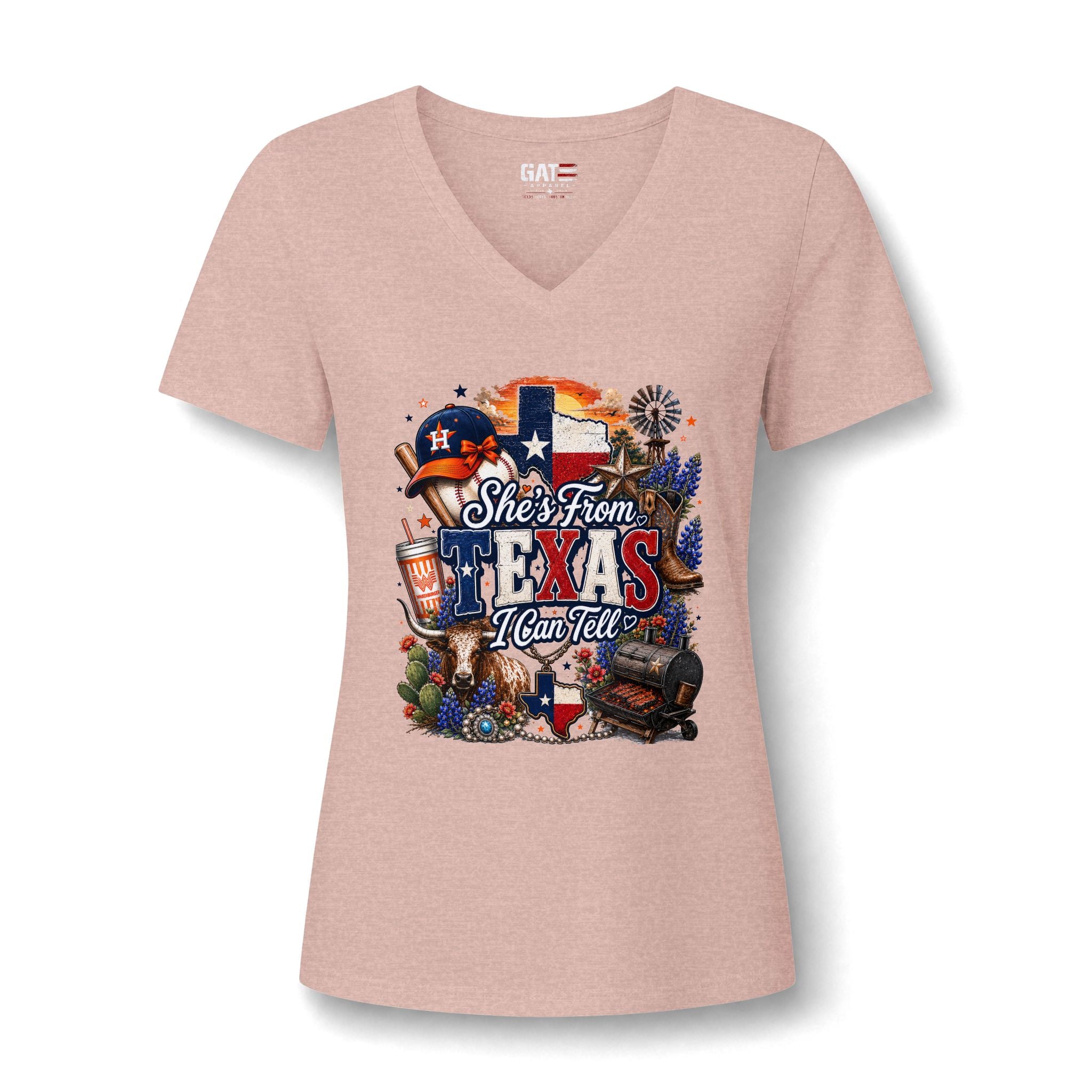 Texas Pride V-Neck Tee — "She's From Texas I Can Tell" Women's Relaxed Shirt