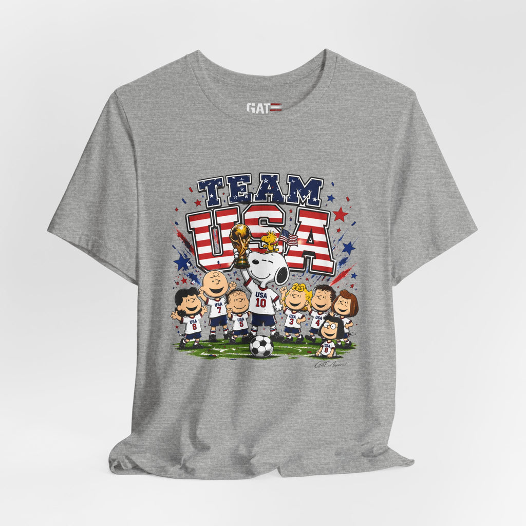 Team USA Soccer Peanuts Gang Shirt Patriotic Snoopy & Friends World Cup Celebration Tee