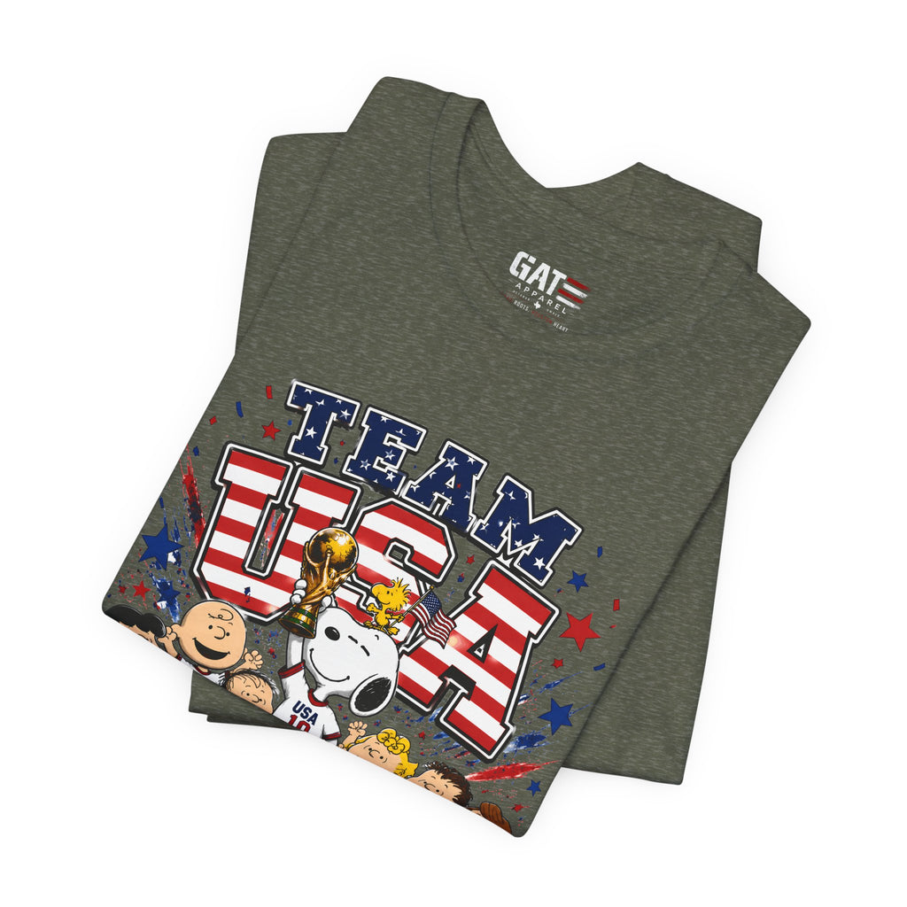 Team USA Soccer Peanuts Gang Shirt Patriotic Snoopy & Friends World Cup Celebration Tee