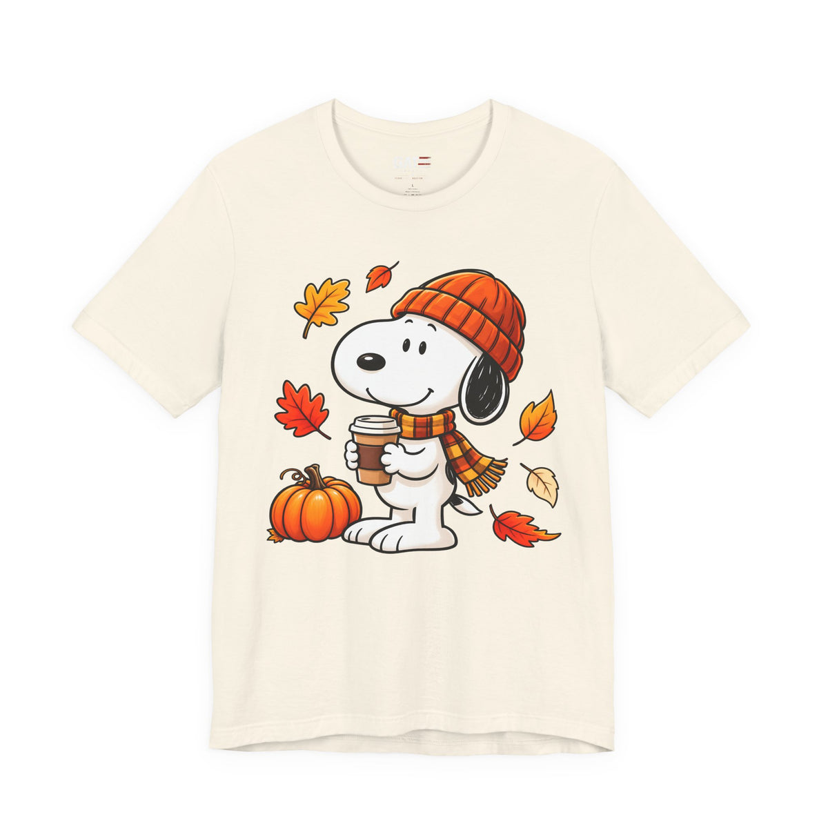 Snoopy coffee, pumpkins and autumn leaves graphic T-shirt, cream front view
