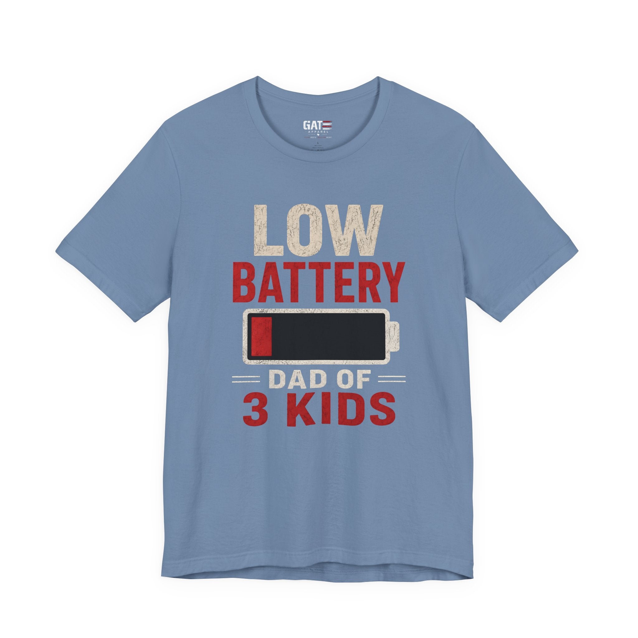 Low Battery Dad of 3 Kids Shirt, Funny Tired Dad Tee, Father of Four Gift, Parenting Humor Shirt, Exhausted Dad Graphic Tee