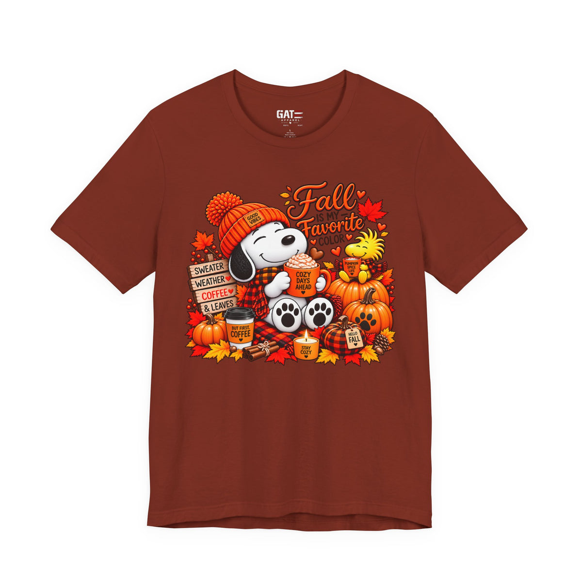 Snoopy Fall Is in the Air pumpkin graphic T-shirt, rust red front view