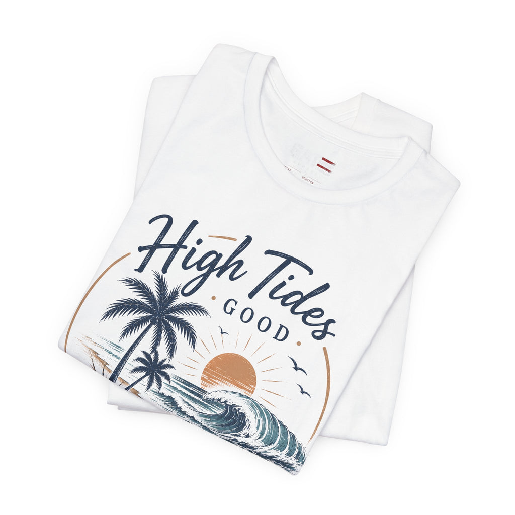High Tides Good Vibes Beach T-Shirt — Sunset Palm Wave Graphic Tee