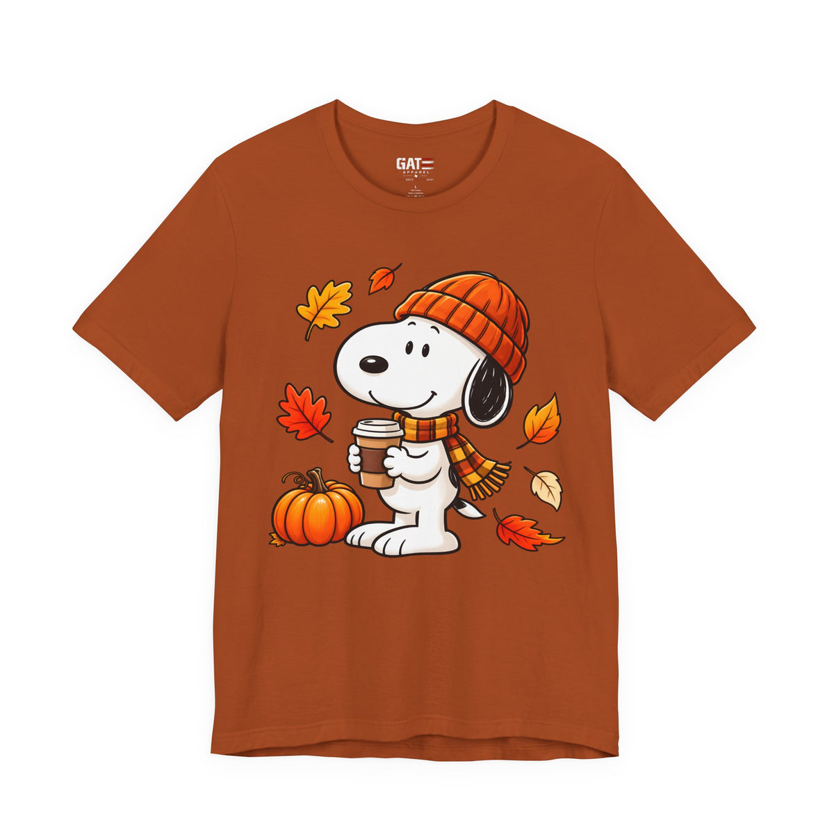 Snoopy coffee, pumpkins and autumn leaves graphic T-shirt, burnt orange front view