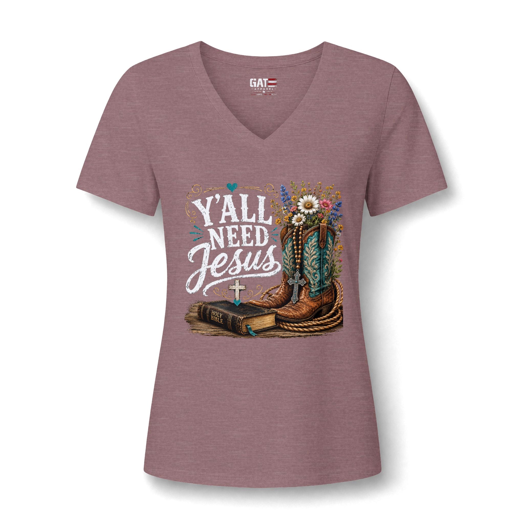 Y'all Need Jesus V-Neck Tee — Floral Cowboy Boots Christian Women's T‑Shirt