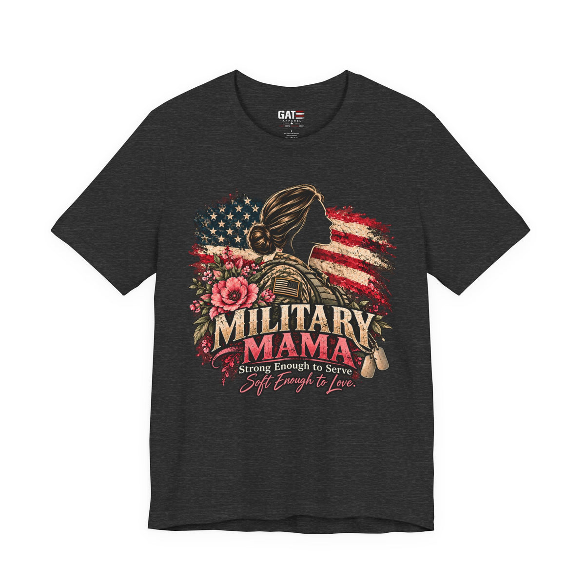 Military Mama Tee — Patriotic Mom Shirt with American Flag & Floral Combat Design