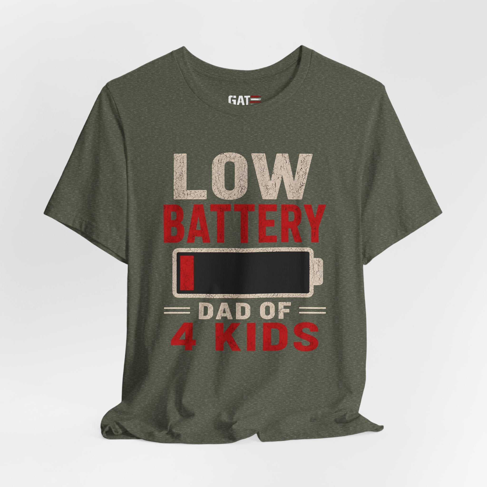 Low Battery Dad of 4 Kids Shirt, Funny Tired Dad Tee, Father of Four Gift, Parenting Humor Shirt, Exhausted Dad Graphic Tee