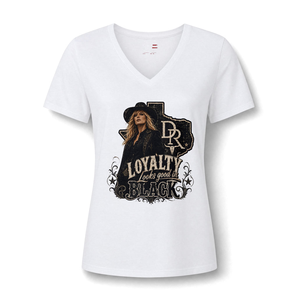 Women's V-Neck Tee — "Loyalty Looks Good in Black" Graphic
