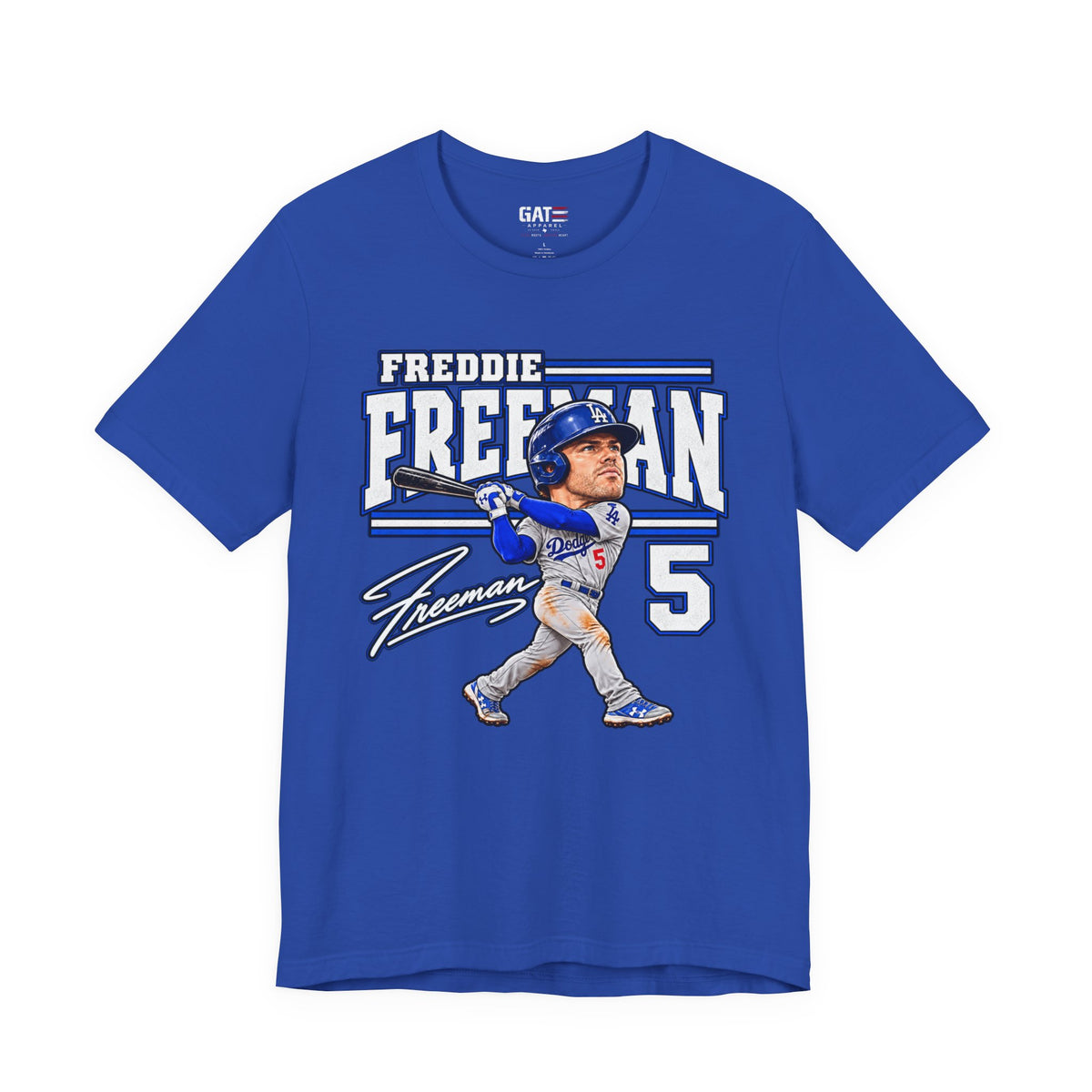 Freddie Freeman number 5 Dodgers baseball graphic T-shirt, royal blue front view