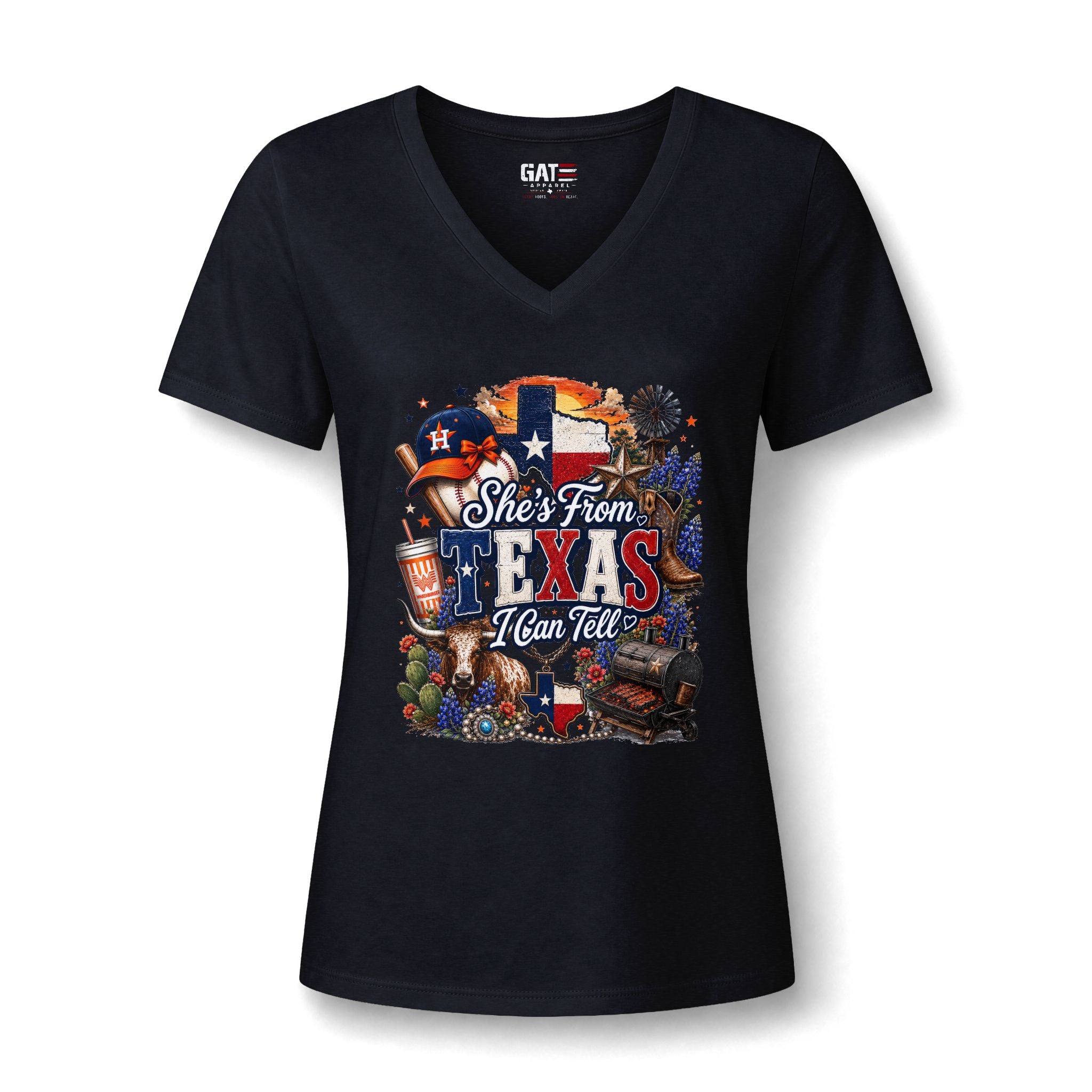 Texas Pride V-Neck Tee — "She's From Texas I Can Tell" Women's Relaxed Shirt