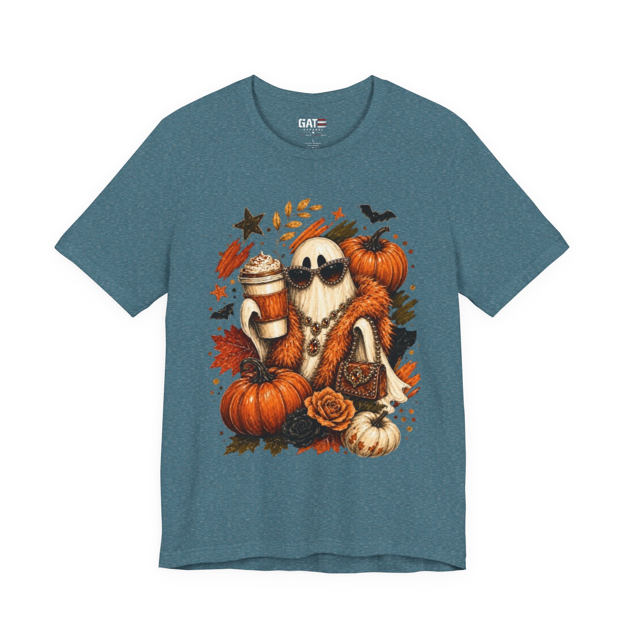 Halloween Pumpkin Ghost Tee — Cozy Fall Coffee & Pumpkins Graphic T-Shirt