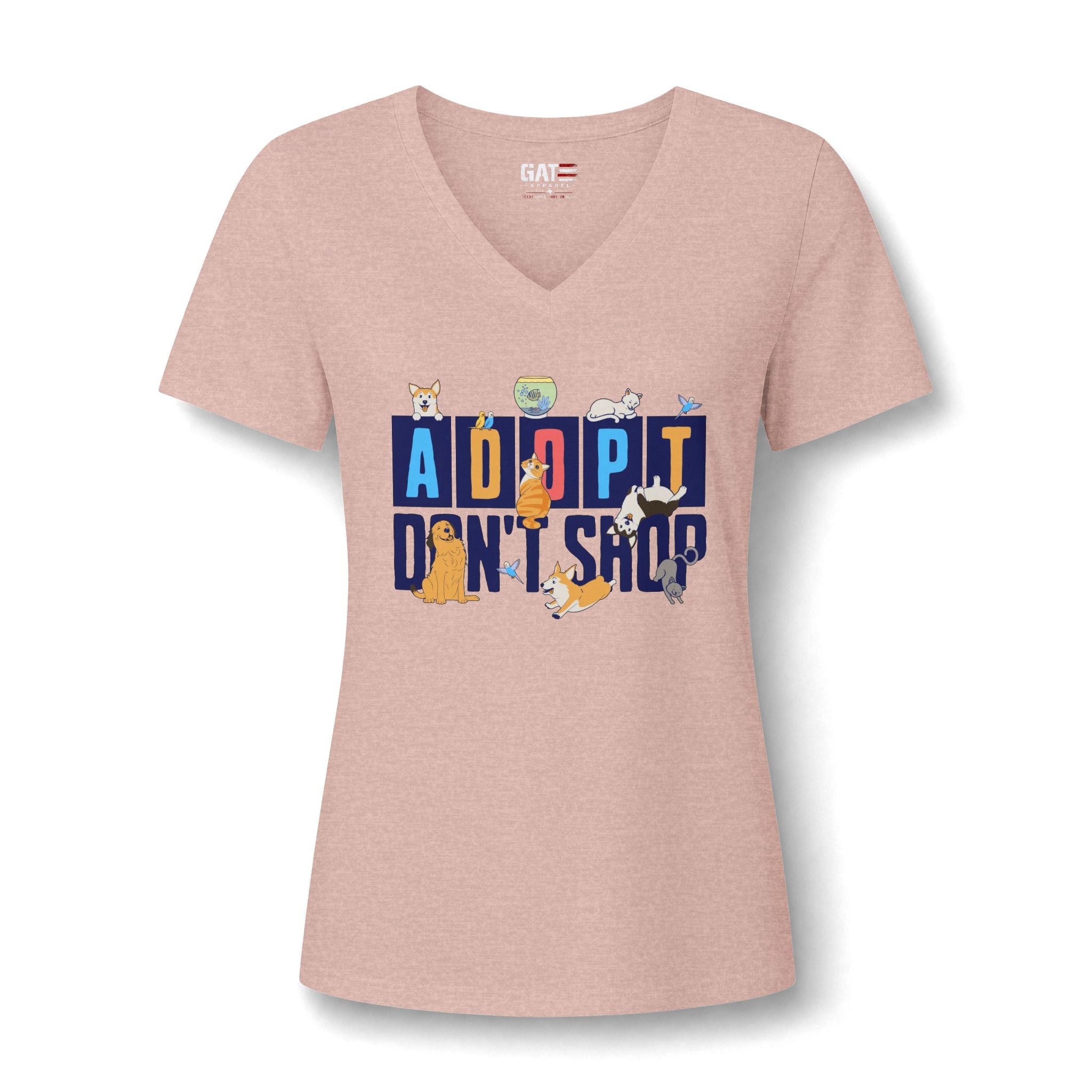 Adopt Don’t Shop V-Neck Tee — Women’s Rescue Pet Adoption Shirt
