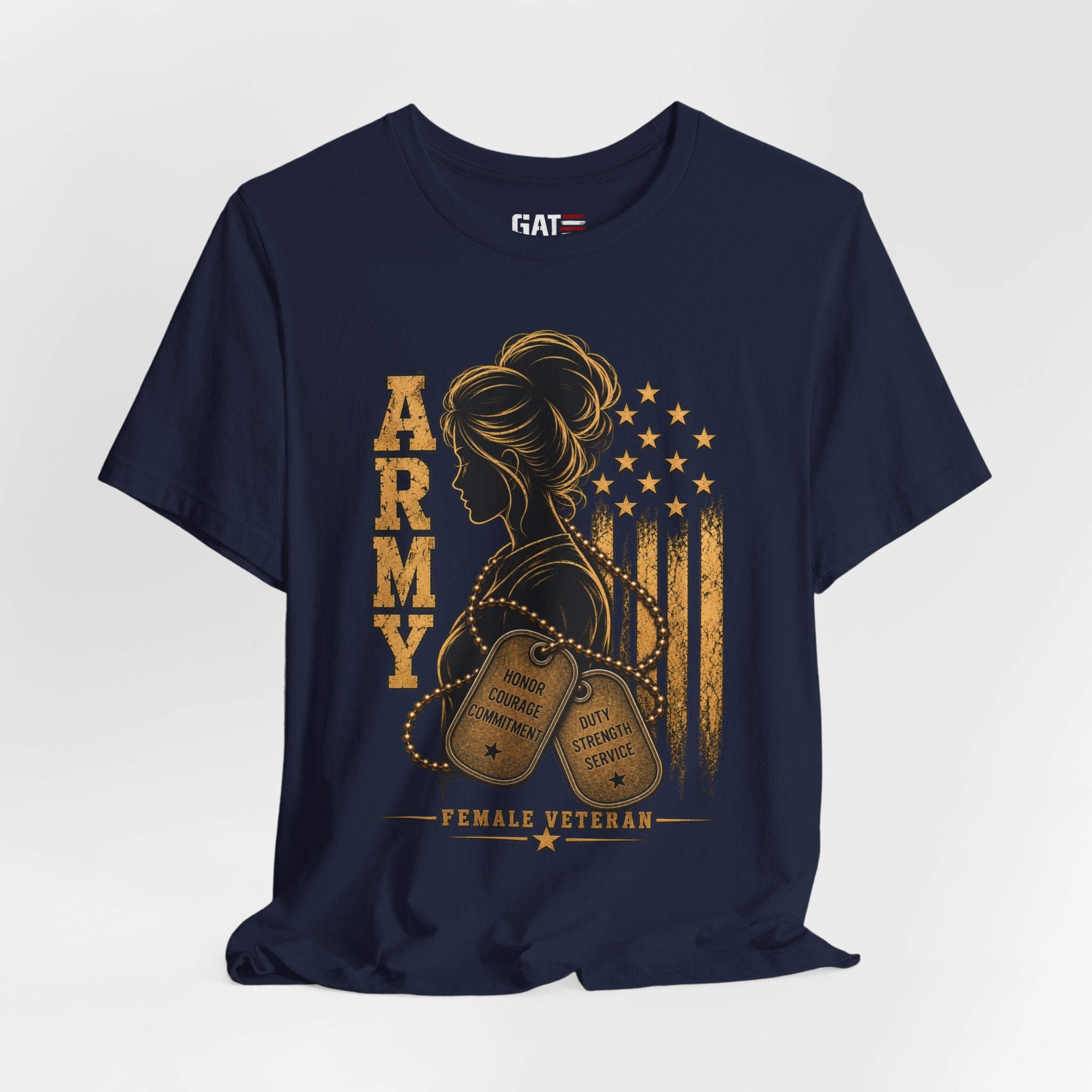 Female Army Vet Tee – Proud Military Mom Shirt with Dog Tags & American Flag