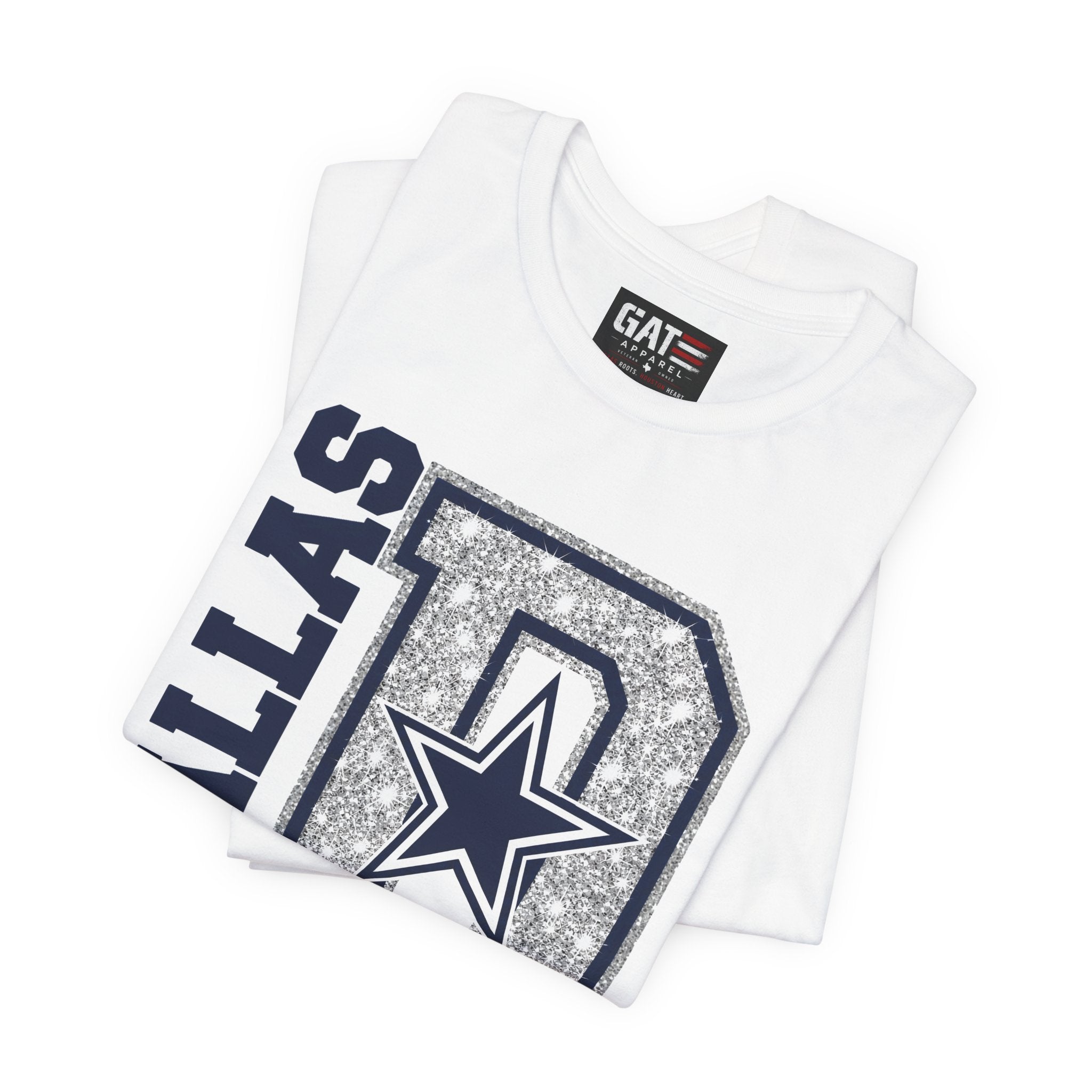 Dallas Football Glitter D Shirt, Blue and Silver Game Day Tee, Western Script Graphic Shirt, Sparkle Fan Apparel