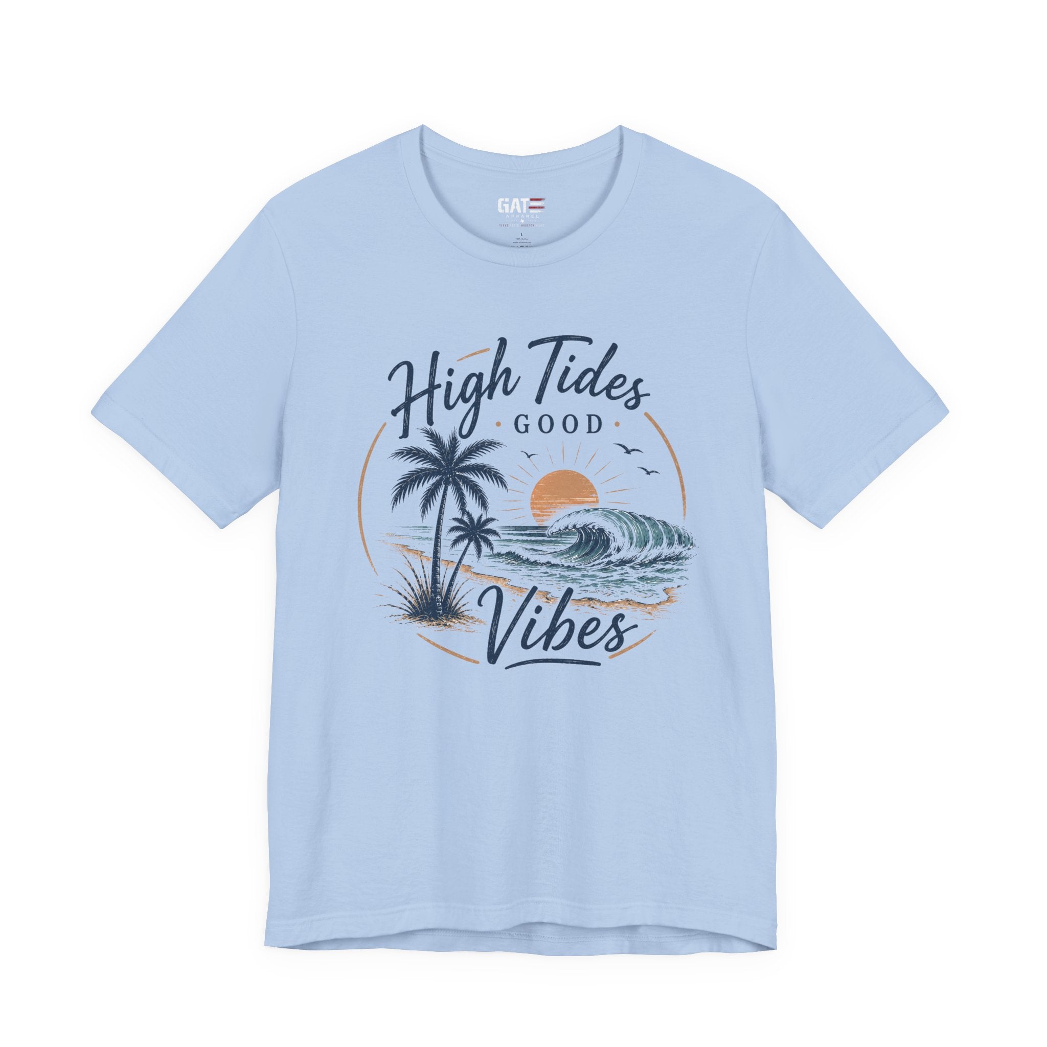 High Tides Good Vibes Beach T-Shirt — Sunset Palm Wave Graphic Tee