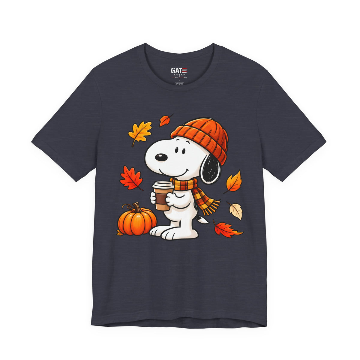 Snoopy coffee, pumpkins and autumn leaves graphic T-shirt, dark grey front view