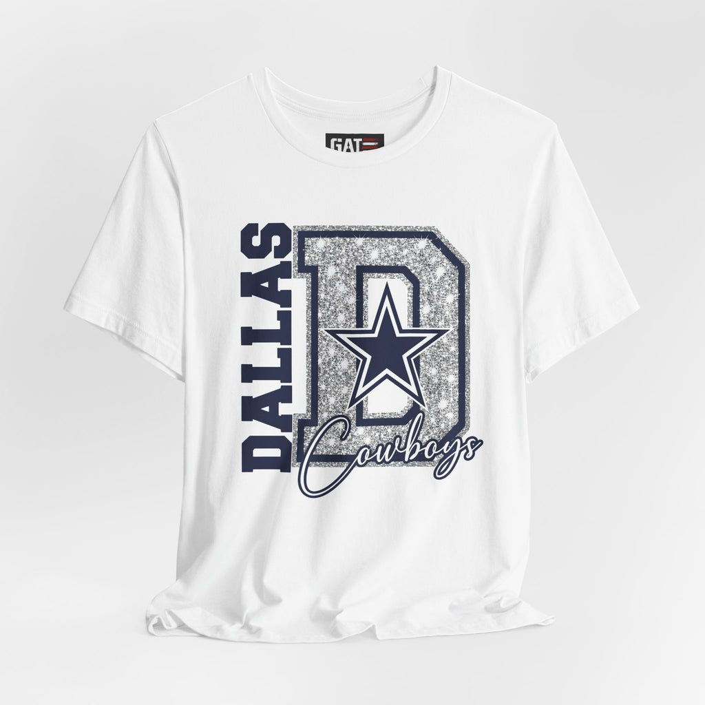 Dallas Football Glitter D Shirt, Blue and Silver Game Day Tee, Western Script Graphic Shirt, Sparkle Fan Apparel