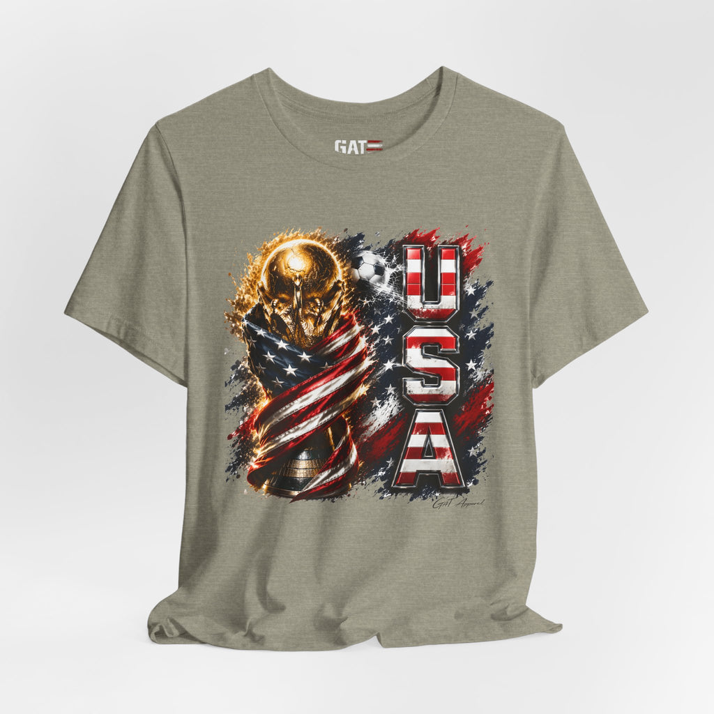 Team USA World Cup Patriotic World Cup Trophy Tee with American Flag & Bold USA Design