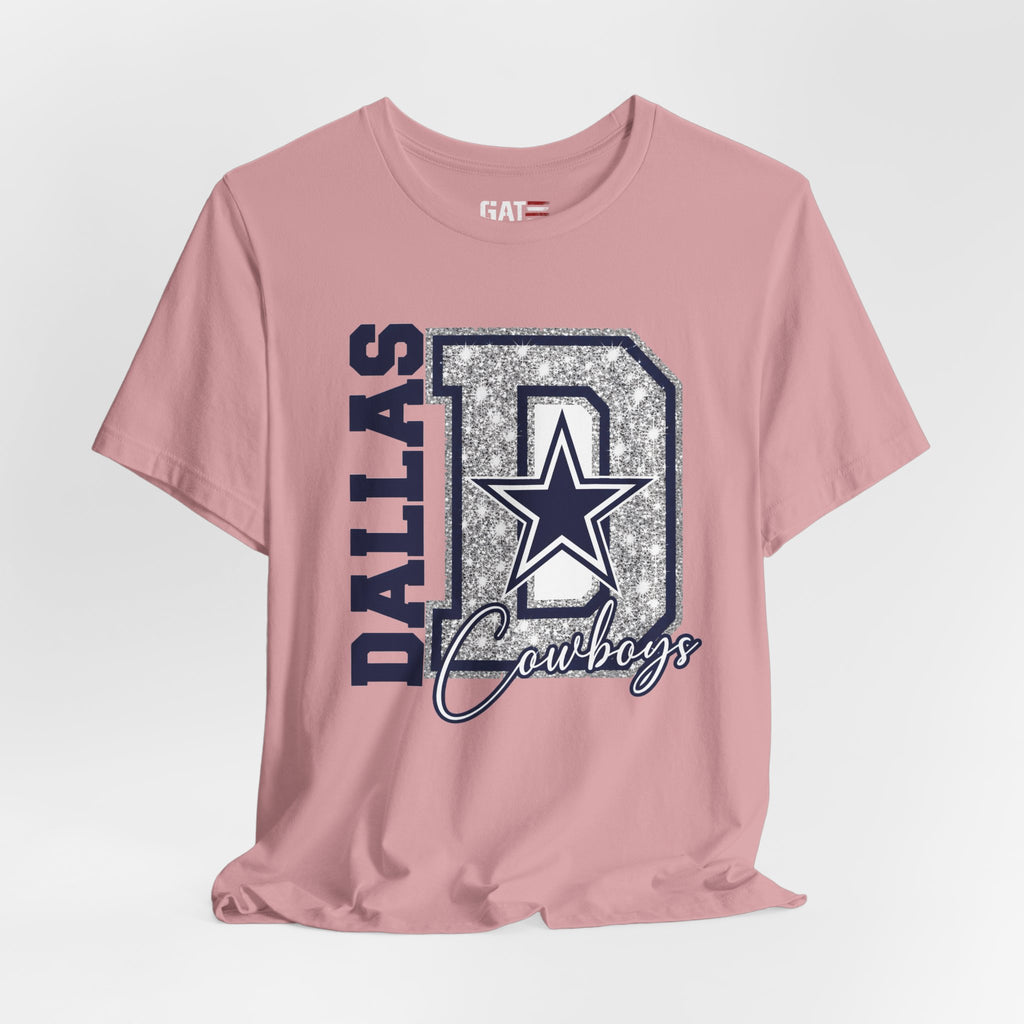 Dallas Football Glitter D Shirt, Blue and Silver Game Day Tee, Western Script Graphic Shirt, Sparkle Fan Apparel