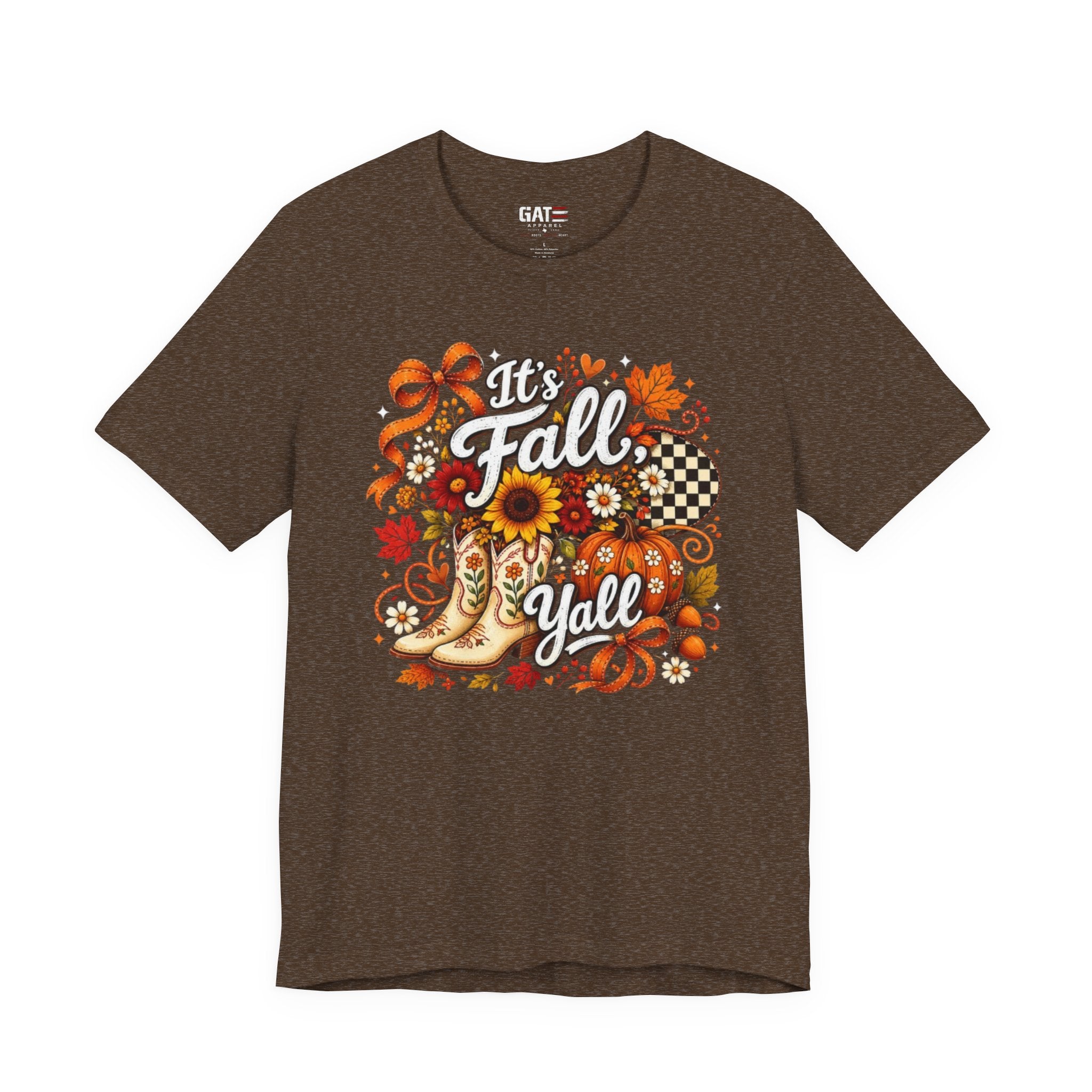 Fall Y'all Tee — Autumn Boots, Sunflowers & Plaid Graphic T-Shirt