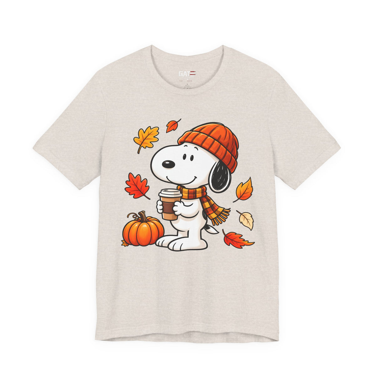 Snoopy coffee, pumpkins and autumn leaves graphic T-shirt, light beige front view