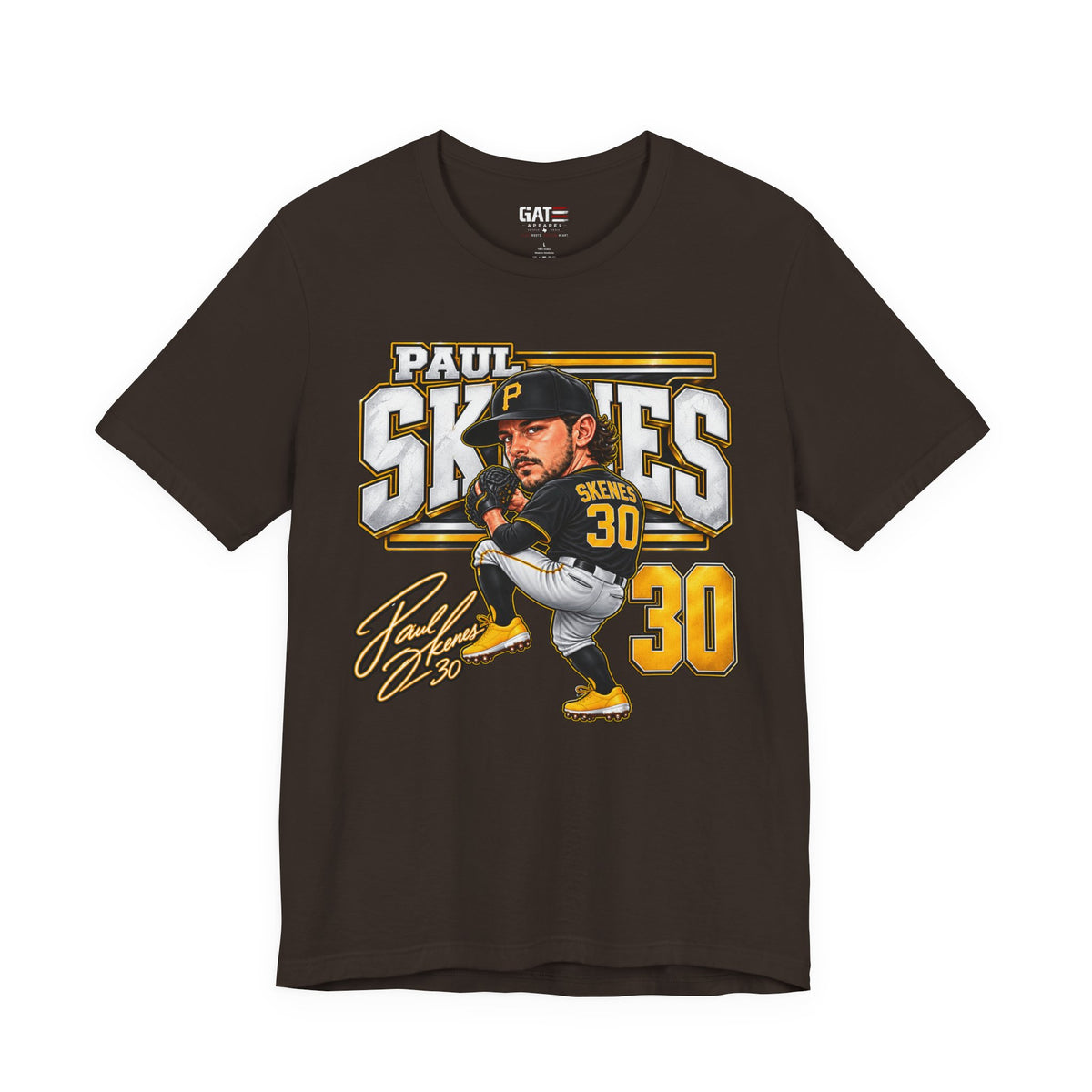 Paul Skenes number 30 Pirates baseball graphic T-shirt, brown front view